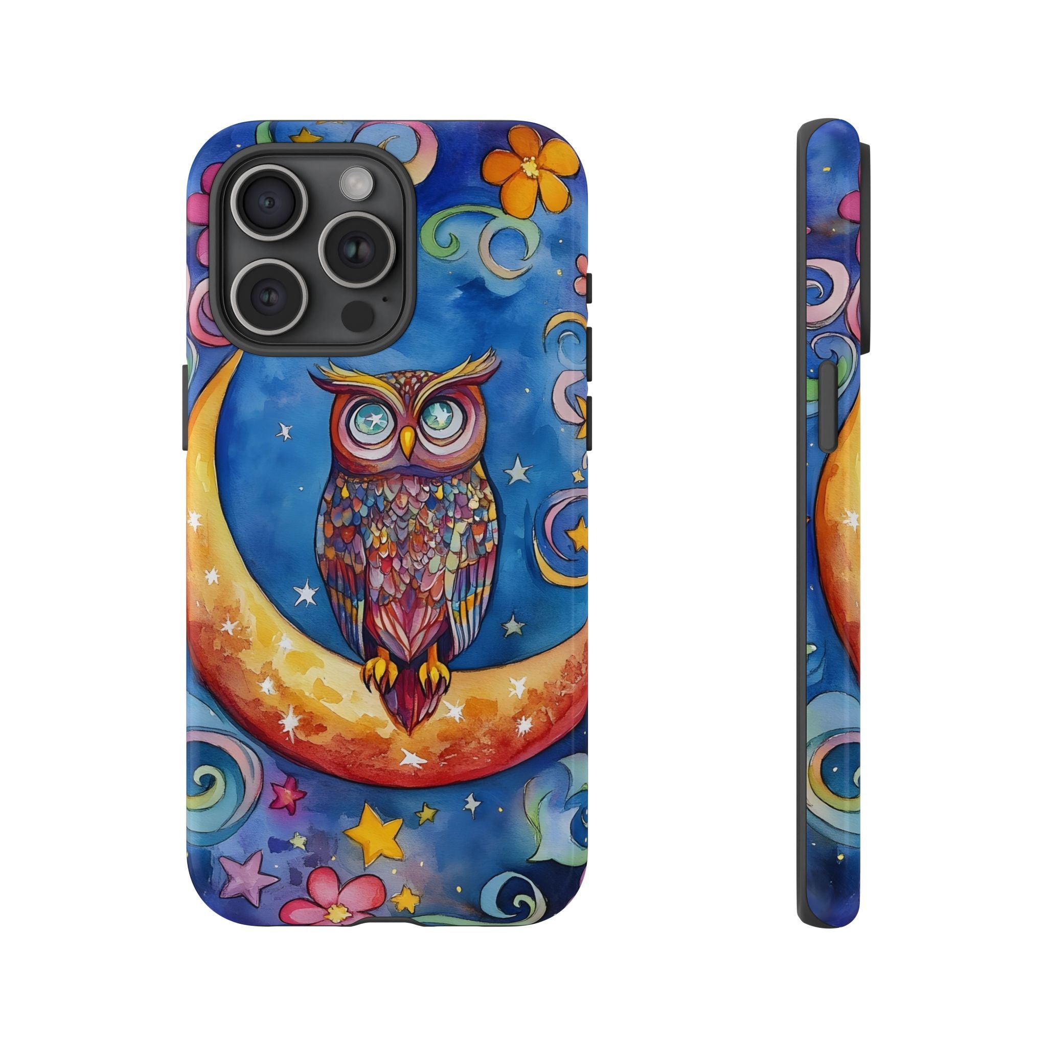 Owl on Crescent Moon iPhone Case — Colourful Whimsical Night Sky Design