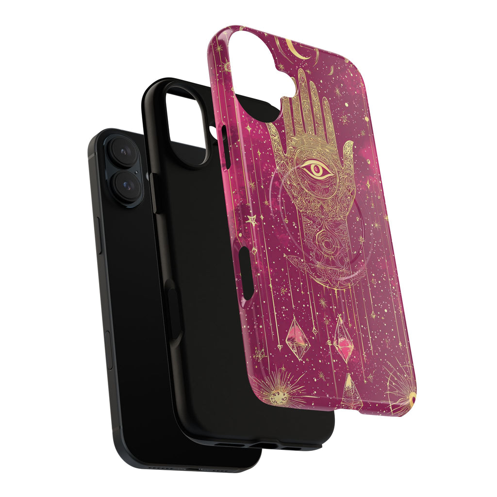 Custodia MagSafe per iPhone Mystic Hamsa | Palma dorata e occhio onniveggente su galassia magenta