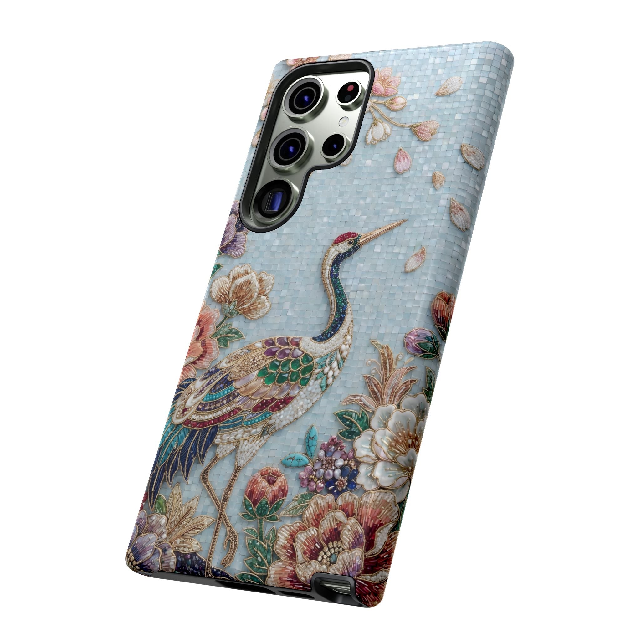 Floral Crane Tough Samsung Galaxy Phone Case | Vintage Embroidered Bird Protection
