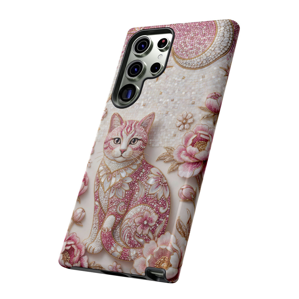 Custodia per telefono Samsung Galaxy con gatto floreale vintage | Cover per telefono con luna rosa e rose