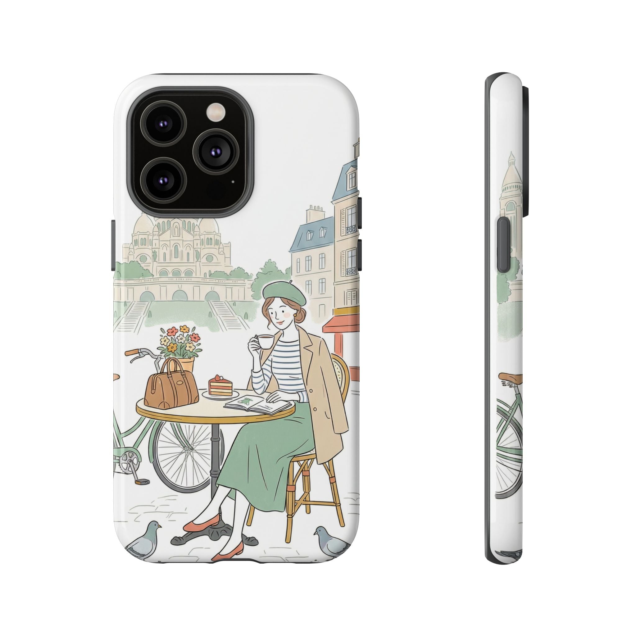 Paris Cafe Illustration iPhone Case | Vintage Bicycles & Pigeons Protective Cover