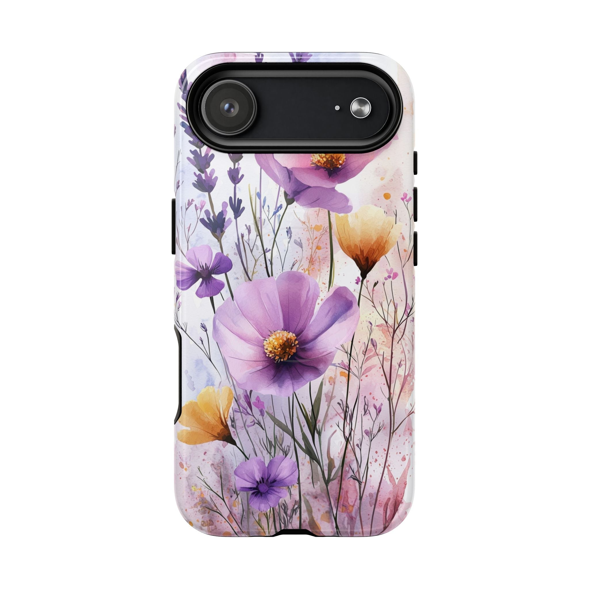 Custodia MagSafe resistente per iPhone con motivo acquerello floreale | Fiori di campo viola e gialli