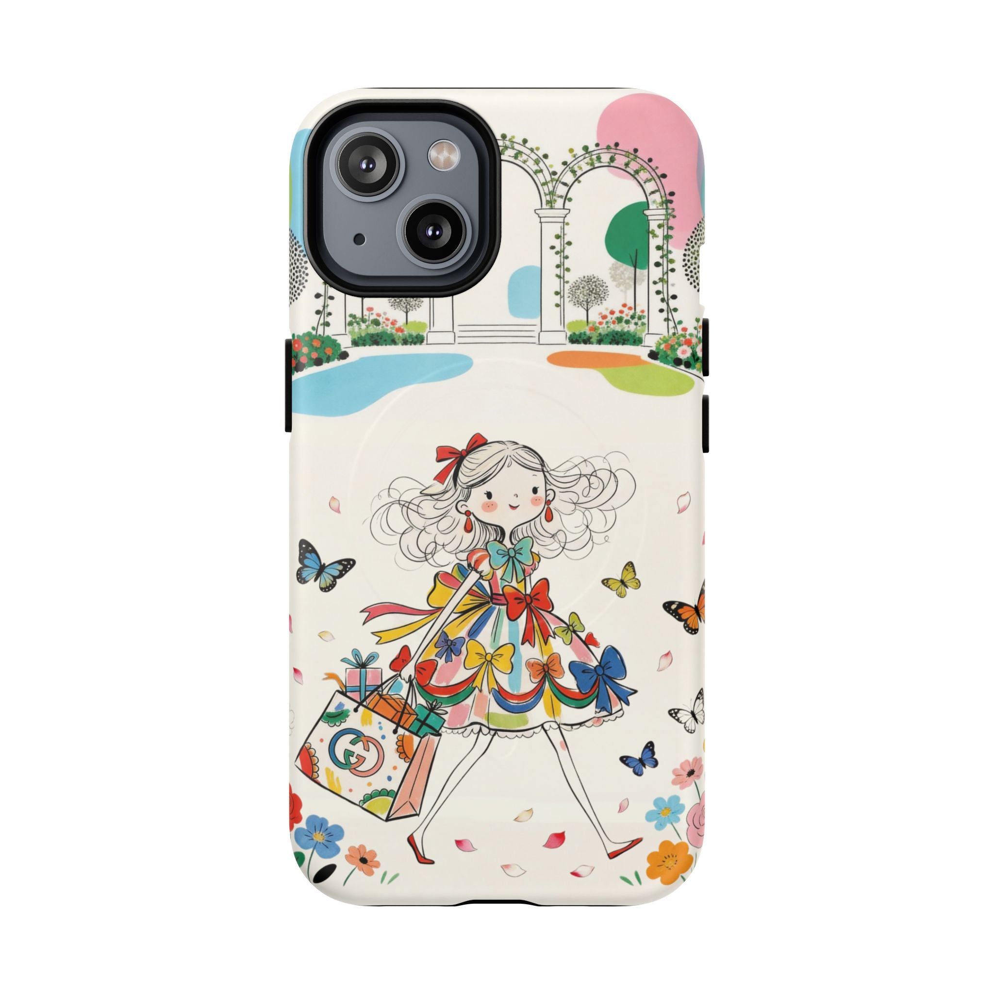 Whimsical Shopping Girl MagSafe iPhone Case | Cute Floral Butterfly Tough Case