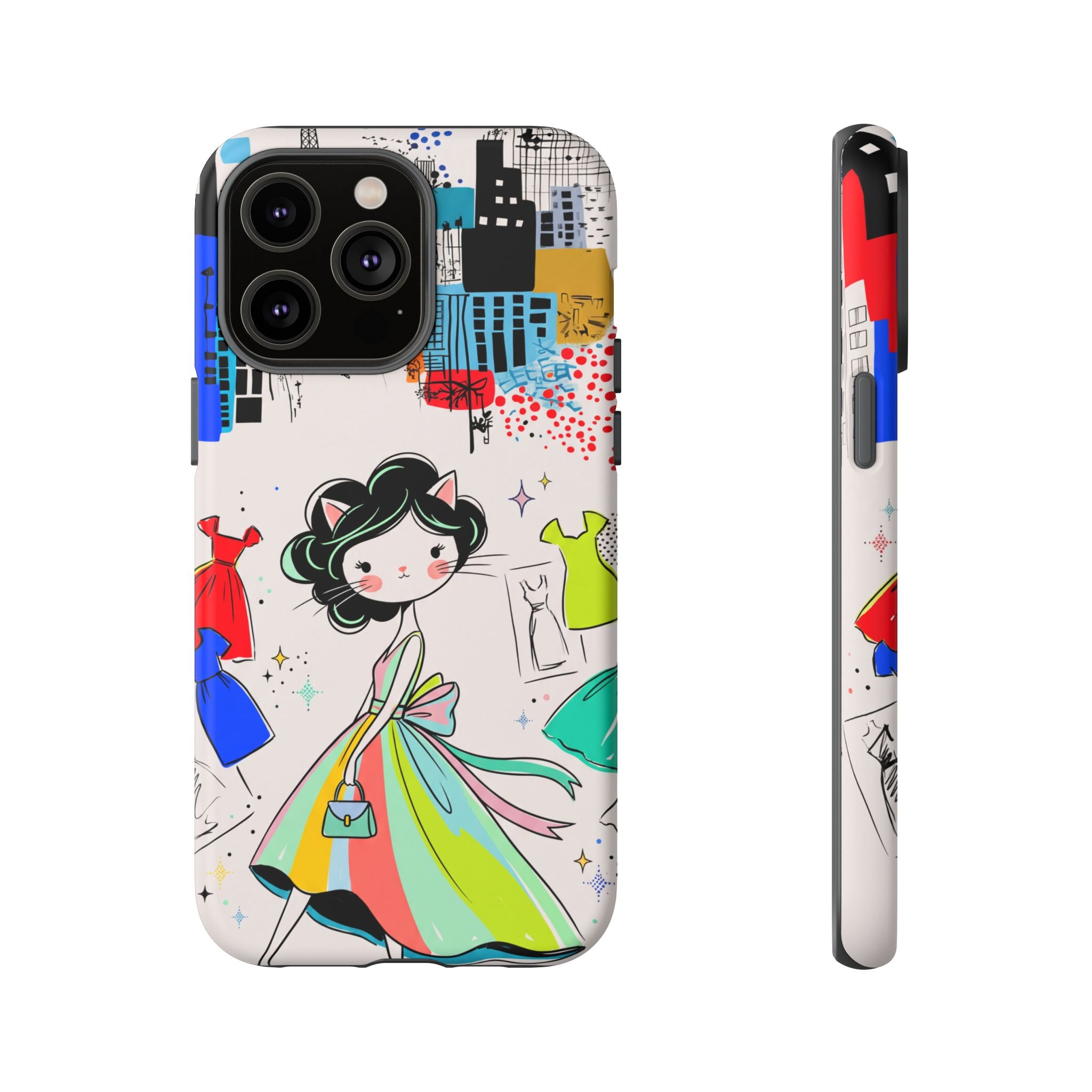 Retro Fashion Cat Girl iPhone Case | Cute Dress & City Print