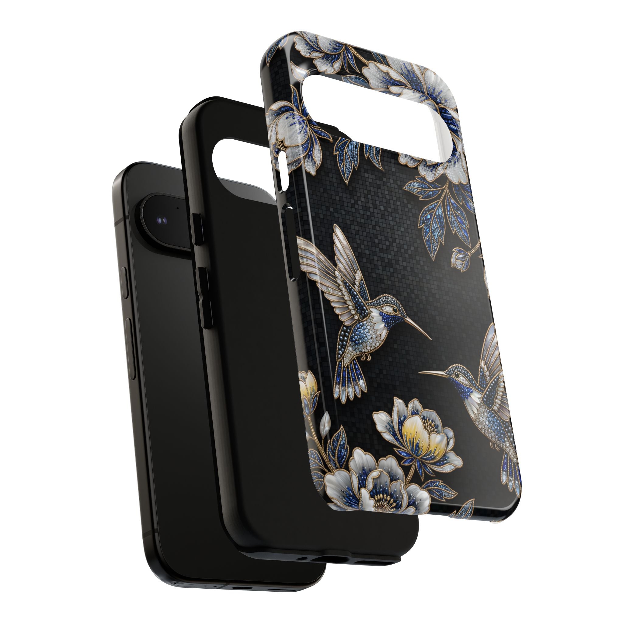 Hummingbird & Peony Floral Google Pixel Phone Case | Elegant Black Protective Cover