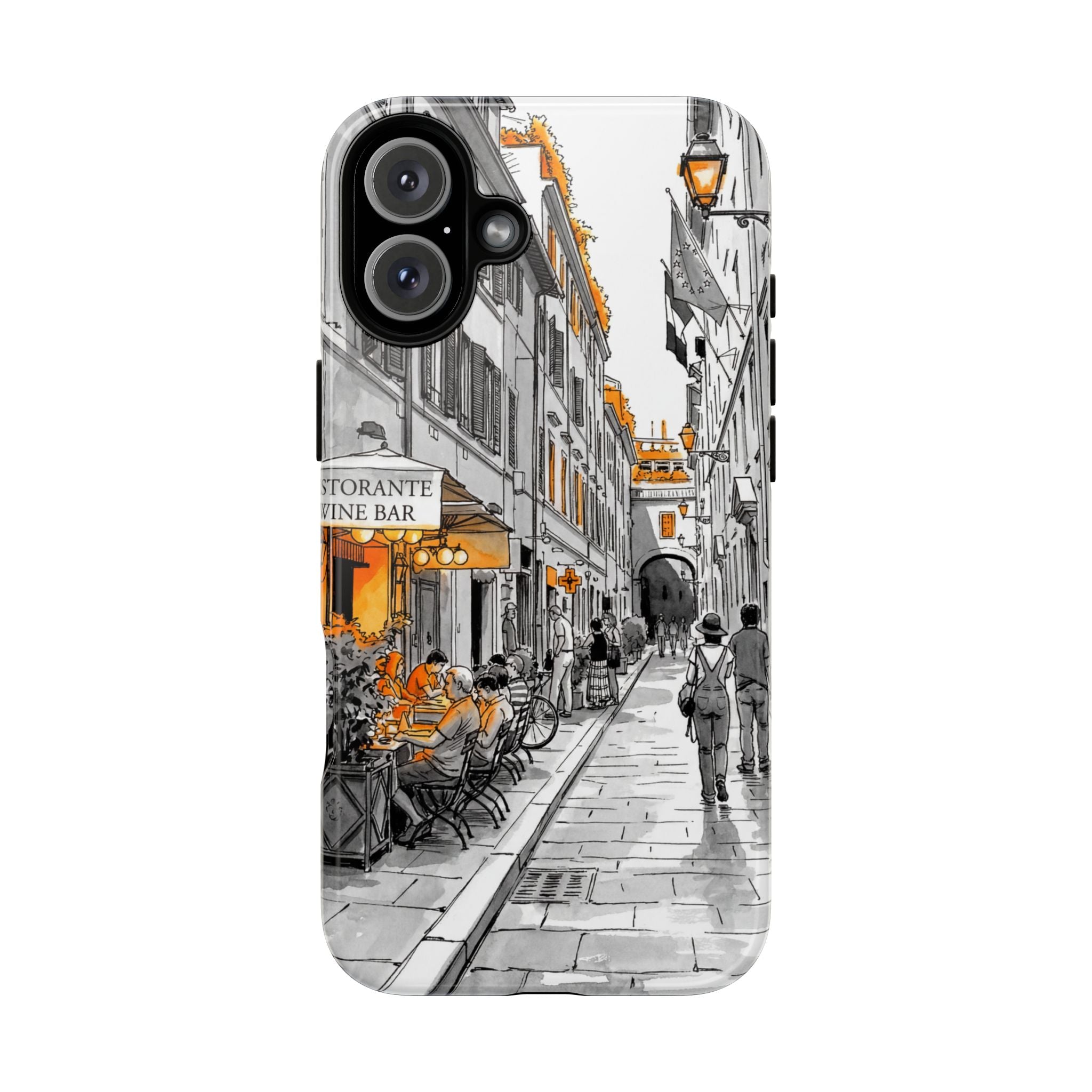 Vintage Italy Street iPhone Case | Black & White Sketch with Orange Accent