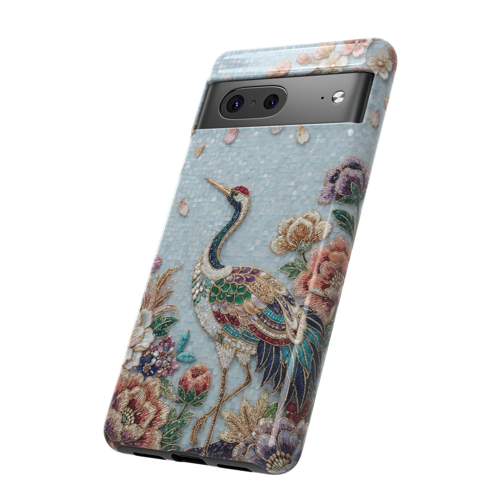 Custodia Resistente per Google Pixel Gru Floreale | Protezione Vintage con Uccello Ricamato