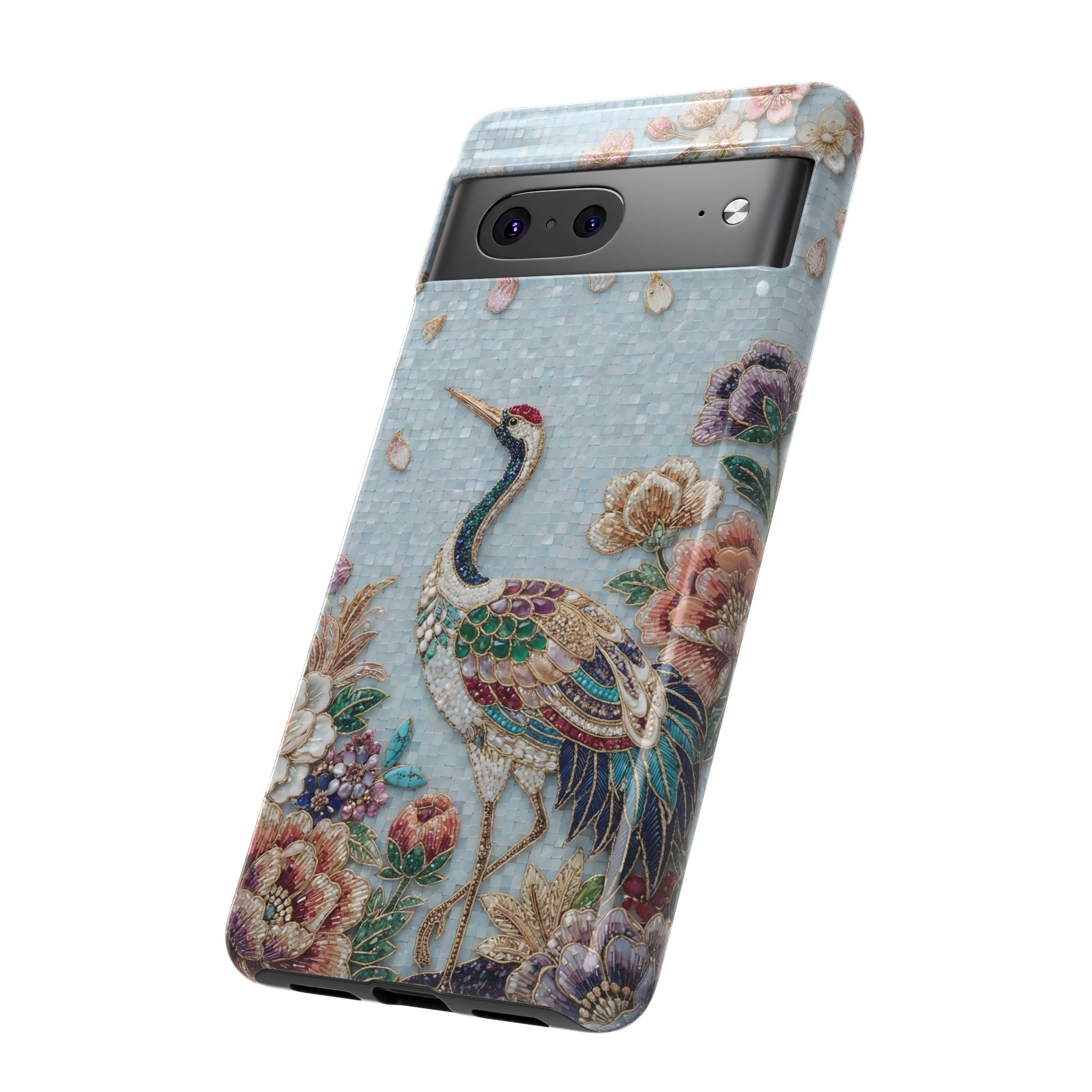 Floral Crane Tough Google Pixel Phone Case | Vintage Embroidered Bird Protection