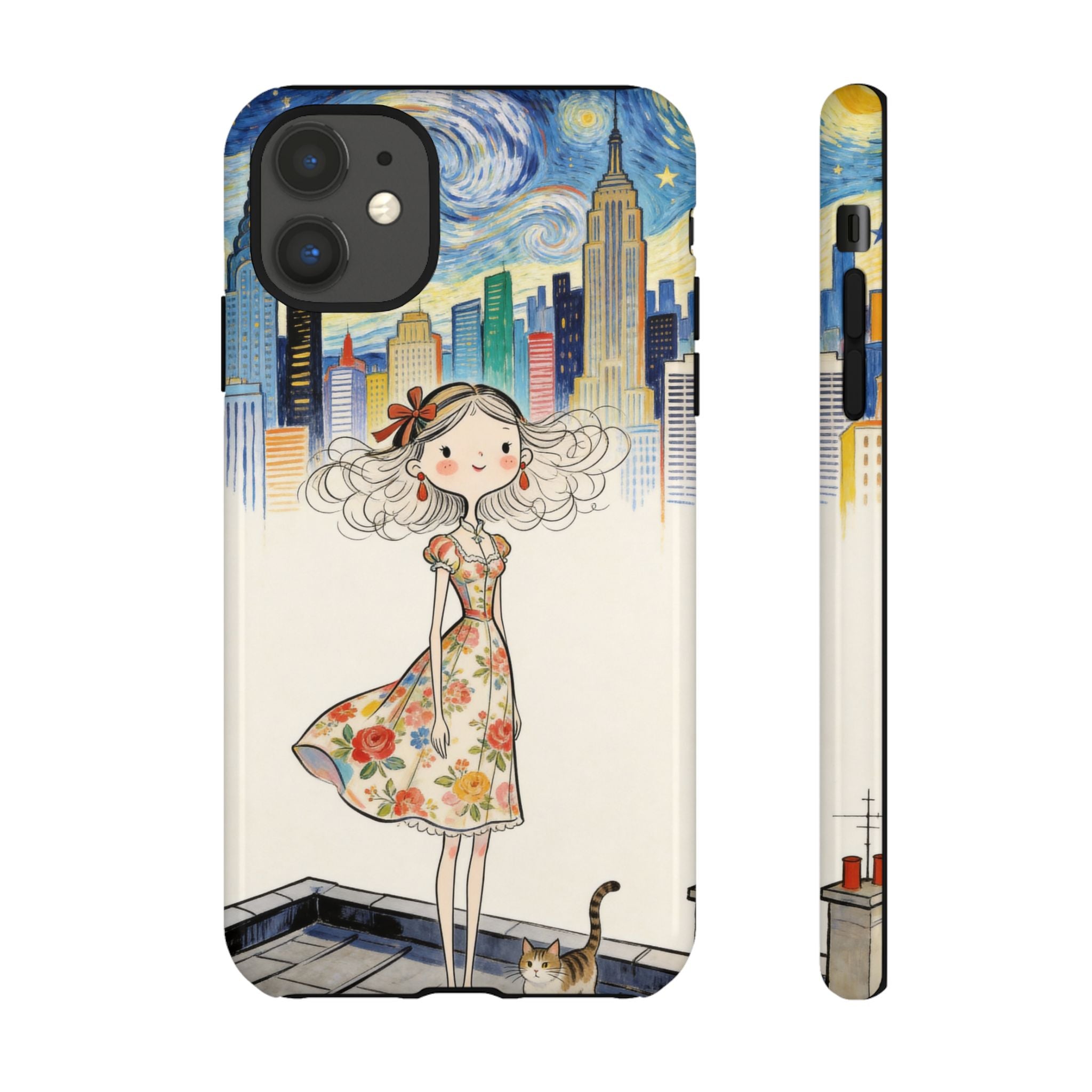 Artistic Girl Cityscape iPhone Case | Cute Floral Dress Rooftop Design