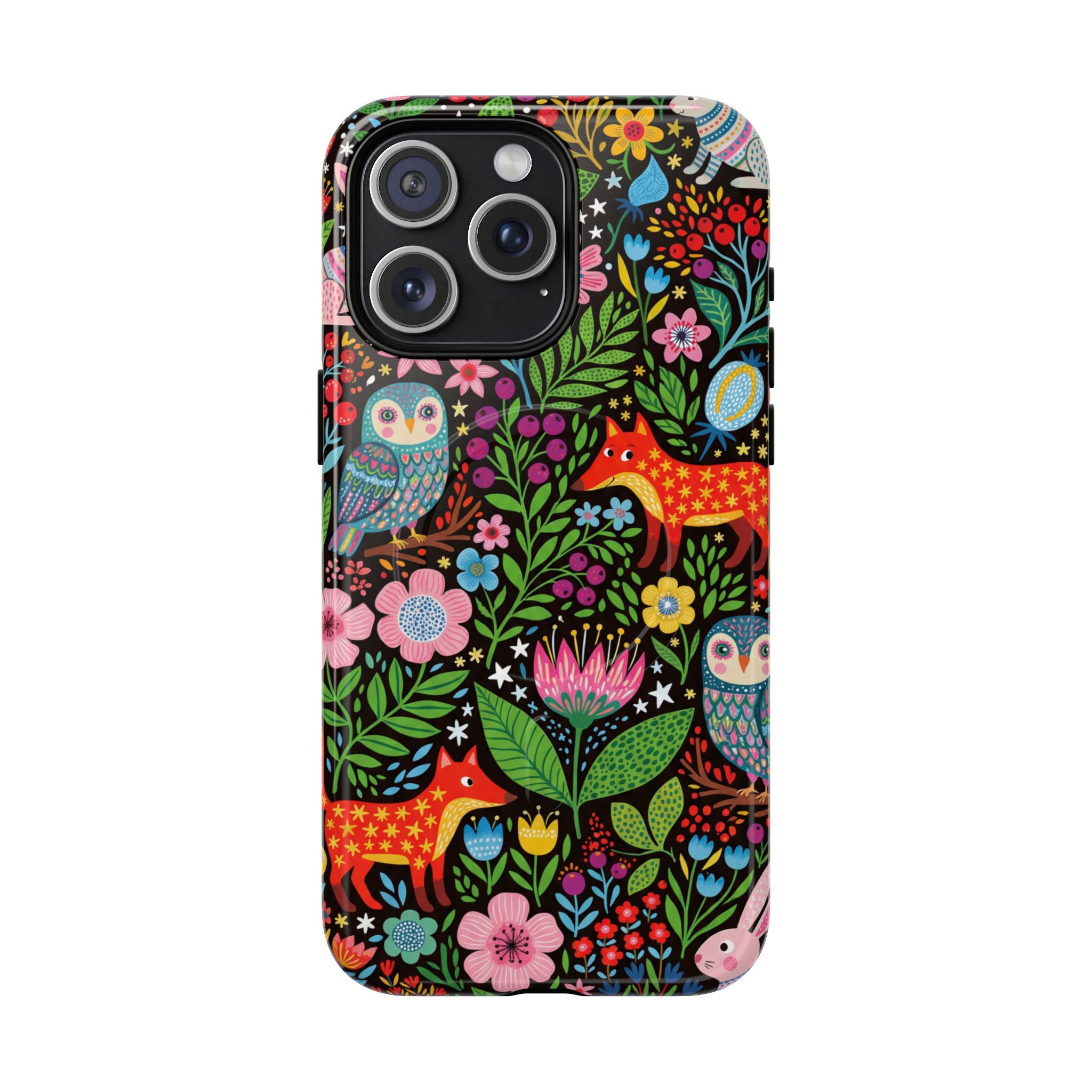 Floral Woodland MagSafe iPhone Case | Colourful Fox & Owl Protective Cover