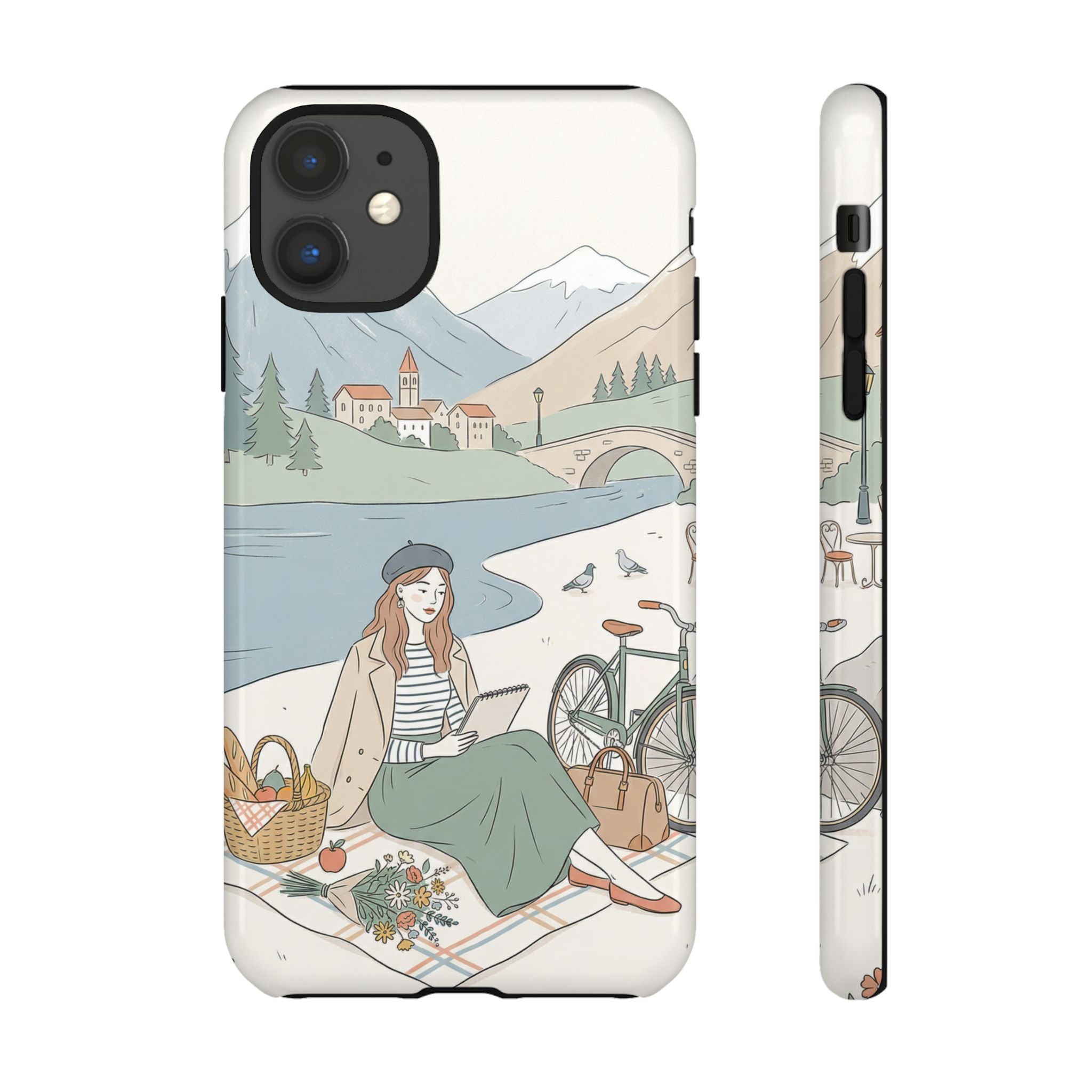 Scenic Picnic iPhone Case | Vintage Bicycle & Mountain Illustration