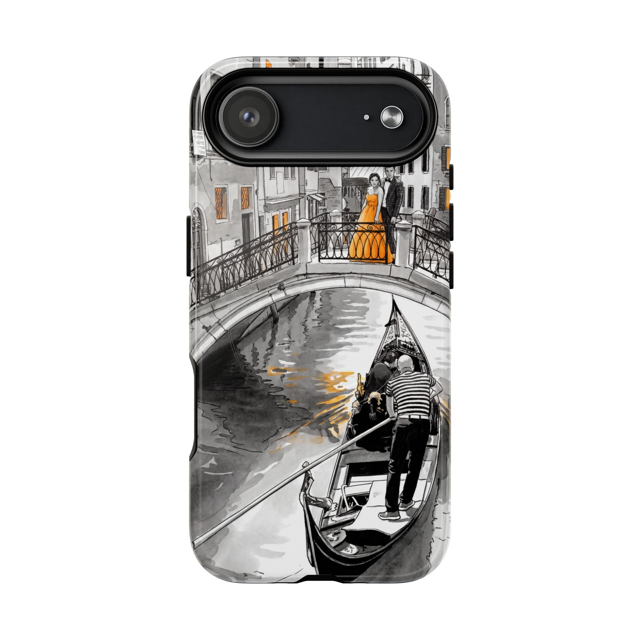 Custodia per iPhone Gondola di Venezia | Custodia MagSafe resistente con motivo schizzo in bianco e nero e dettagli dorati
