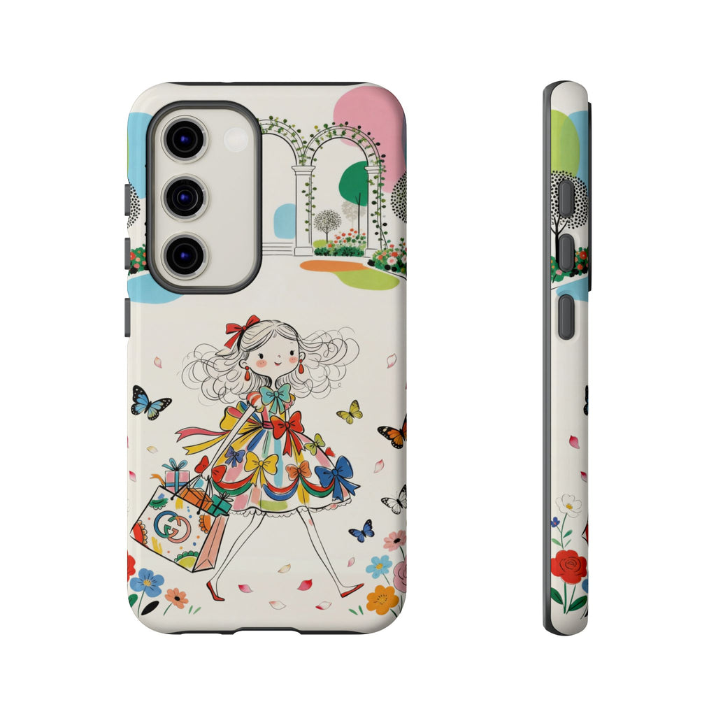 Whimsical Shopping Girl Samsung Galaxy Phone Case | Cute Floral Butterfly Tough Case