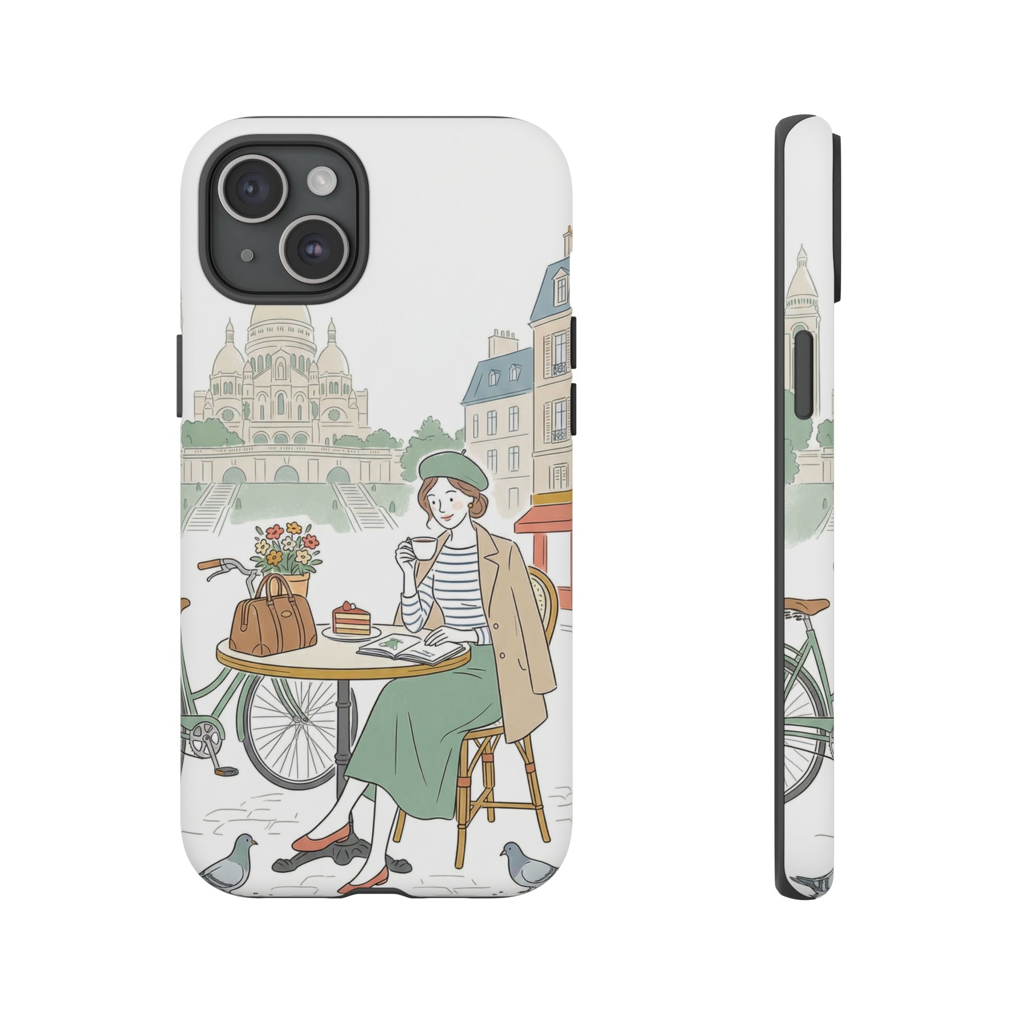 Paris Cafe Illustration iPhone Case | Vintage Bicycles & Pigeons Protective Cover