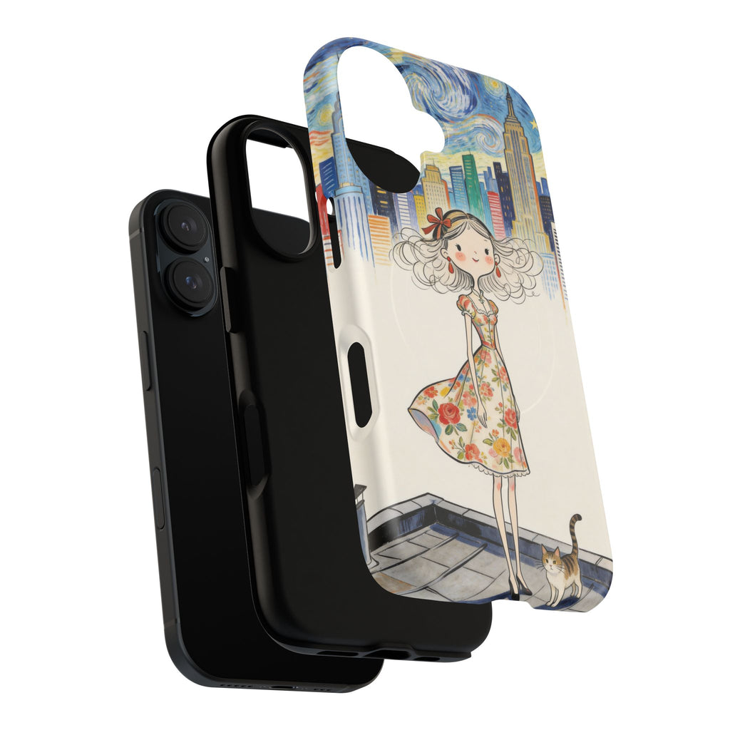 Artistic Girl Cityscape MagSafe iPhone Case | Cute Floral Dress Rooftop Design