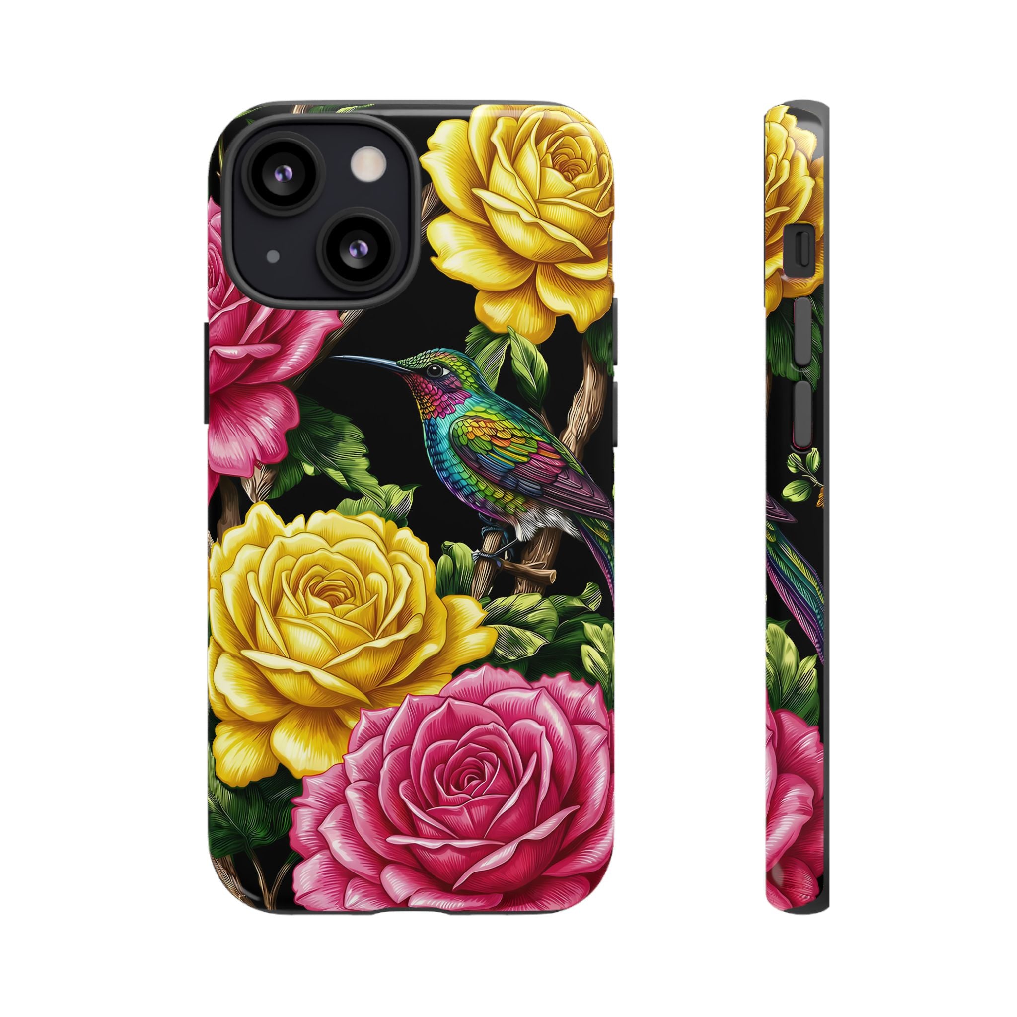 Floral Hummingbird Tough iPhone Case | Vibrant Rose & Yellow Garden Protection