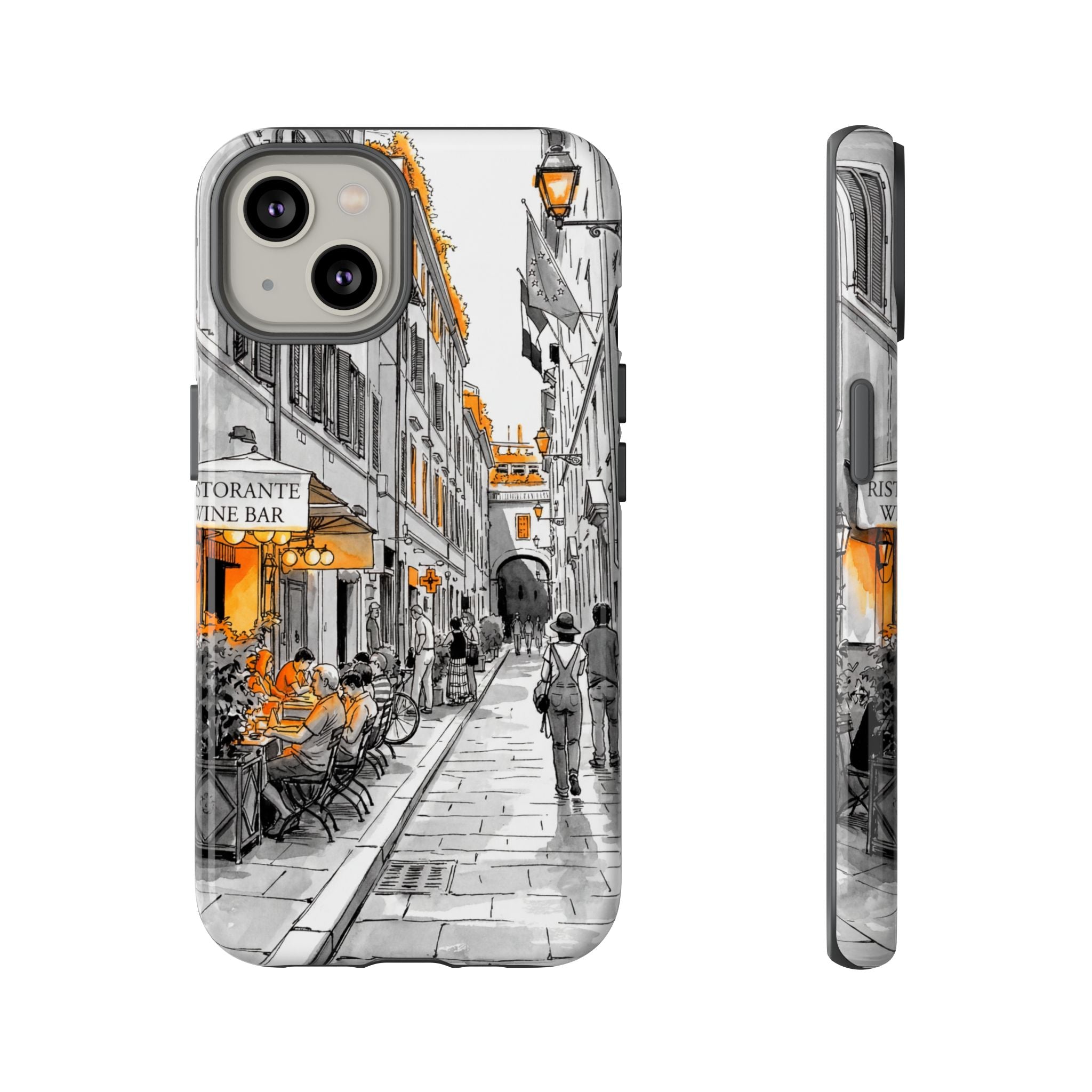 Vintage Italy Street iPhone Case | Black & White Sketch with Orange Accent