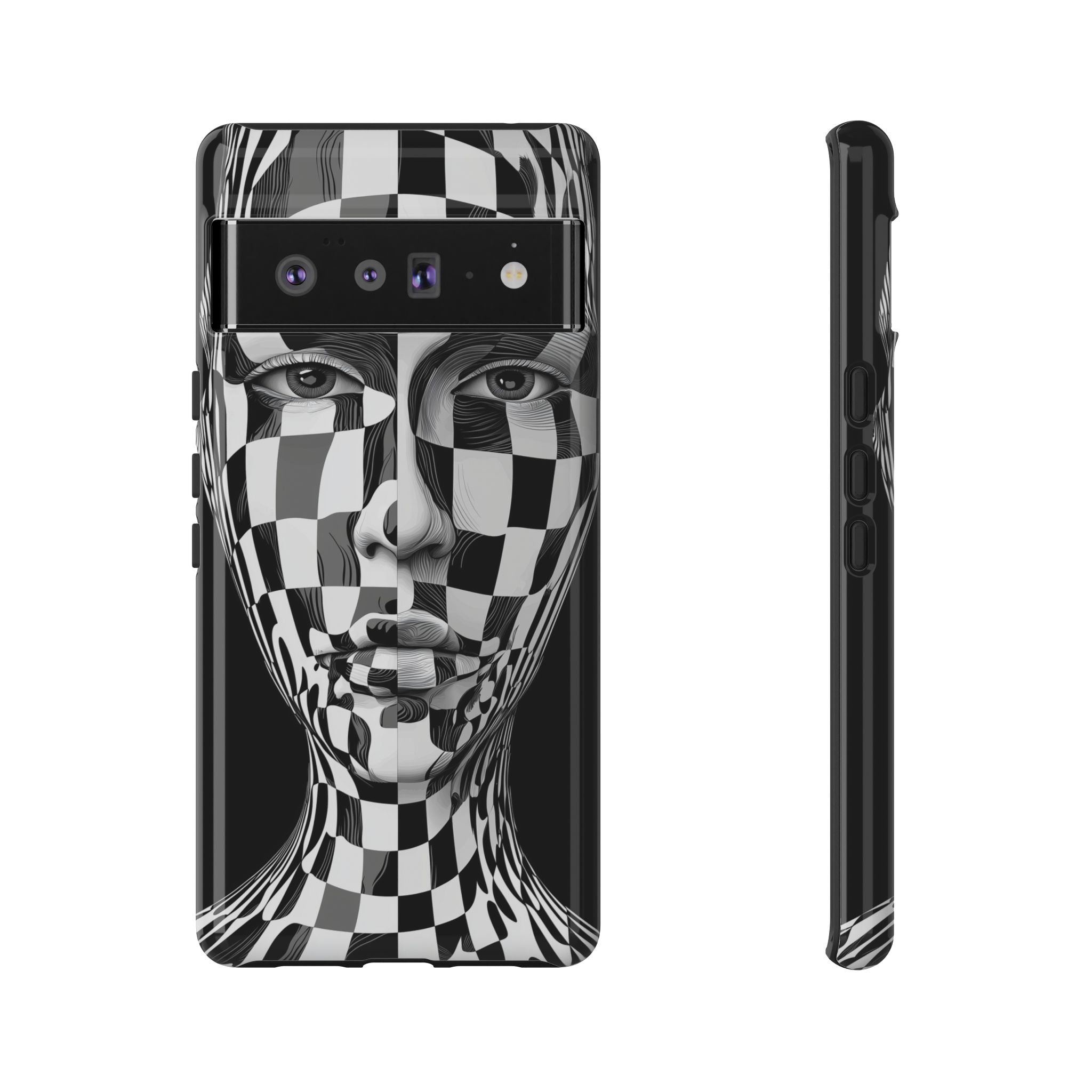 Checkerboard Face Tough Google Pixel Case — Black & White Surreal Art Protective Cover