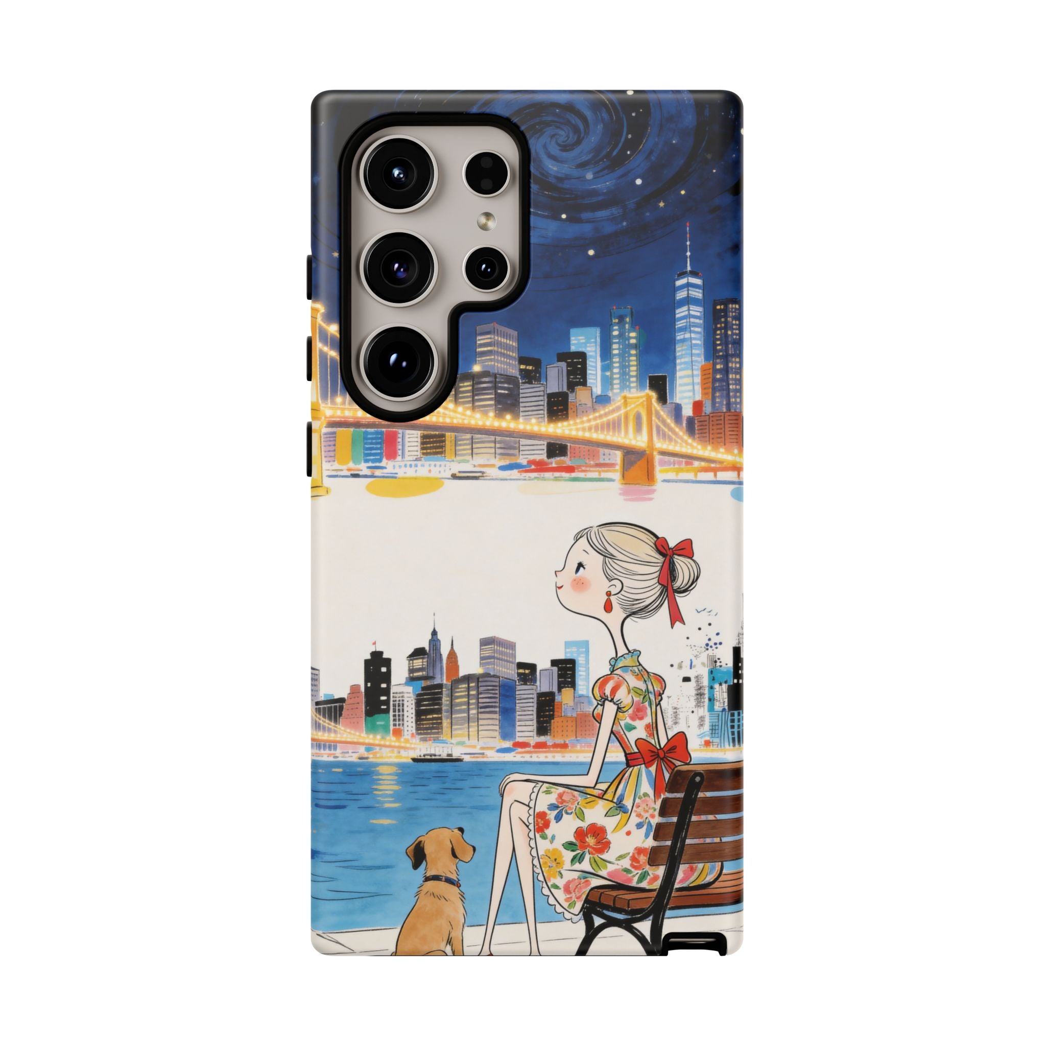City Night Samsung Galaxy Phone Case | Cute Girl & Dog Bench Illustration