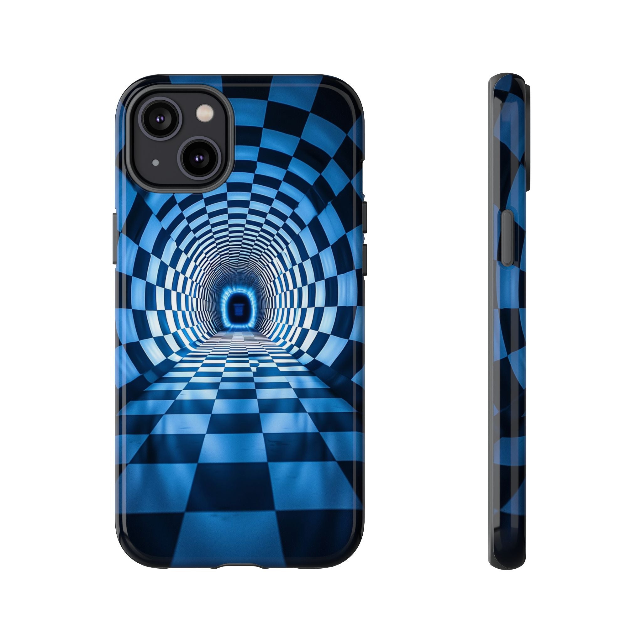 Blue Checkered Tunnel iPhone Case — 3D Optical Illusion Tough Case