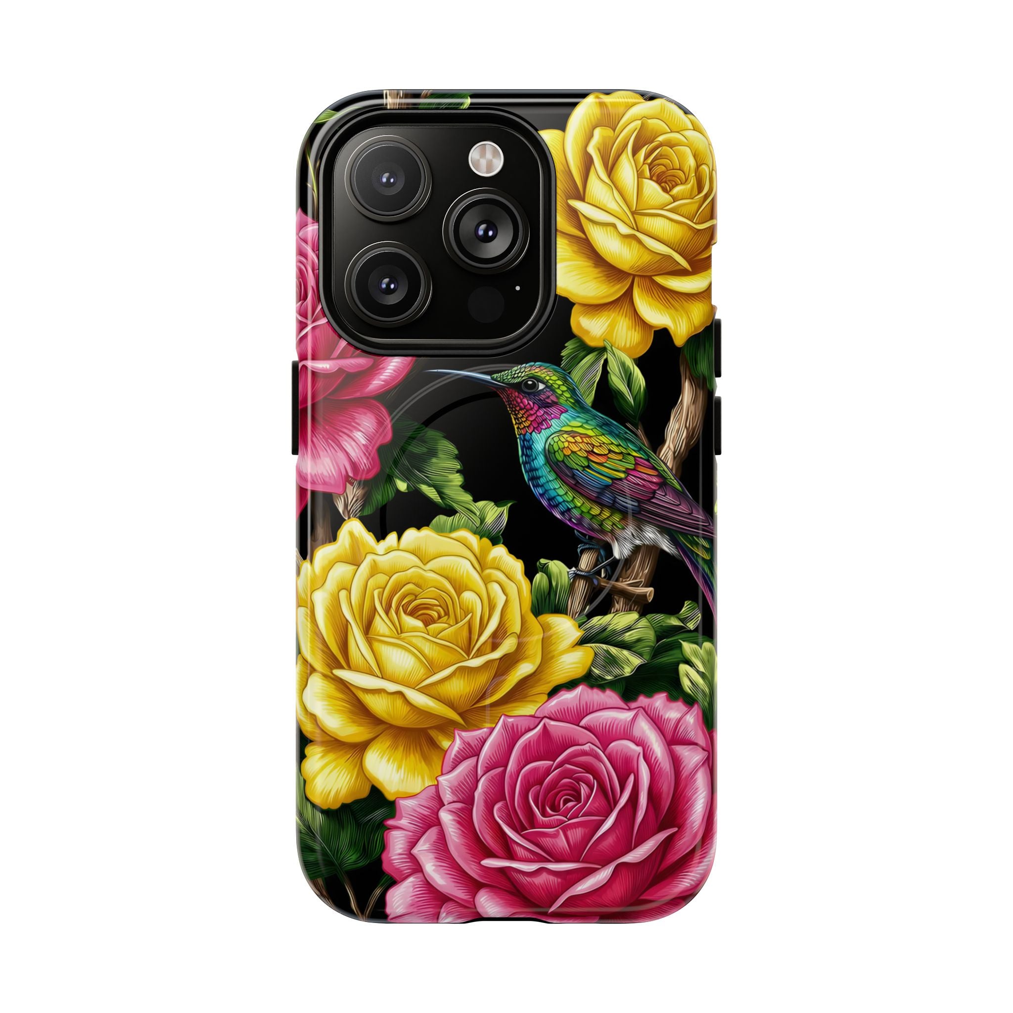 Floral Hummingbird Tough MagSafe iPhone Case | Vibrant Rose & Yellow Garden Protection