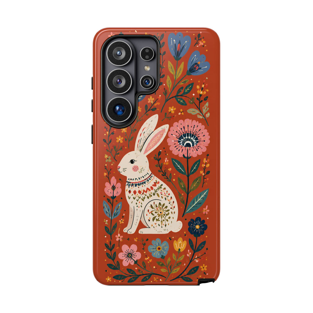 Floral Rabbit Tough Samsung Galaxy Phone Case | Protective Phone Case with Folk Art Bunny Design