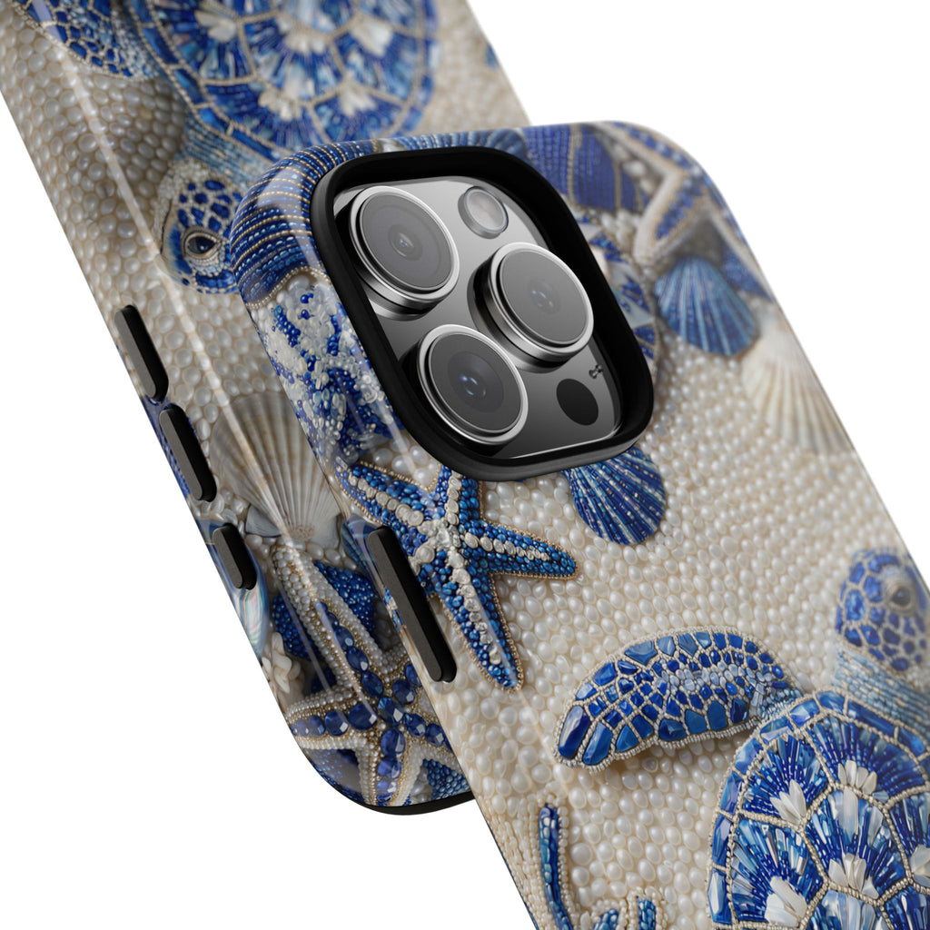 Cover per iPhone con motivo in ceramica blu a tartaruga marina