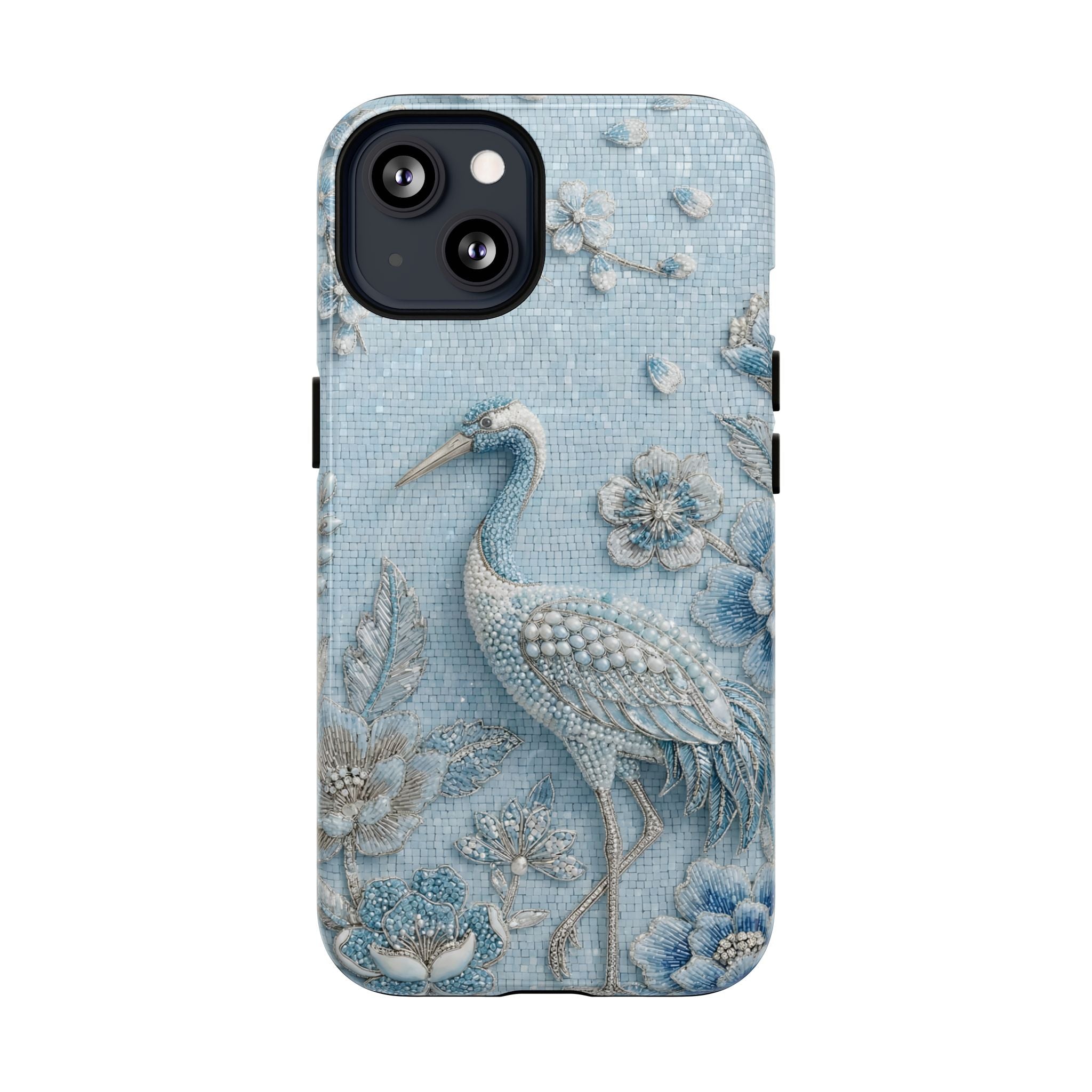 Blue Crane Floral MagSafe iPhone Case | Vintage Embossed Bird Design