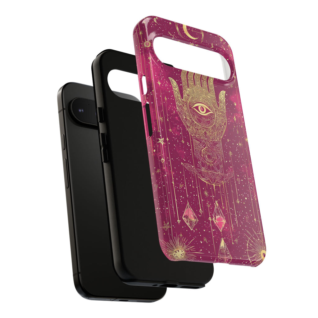 Mystic Hamsa Google Pixel Case | Gold Palm & All-Seeing Eye on Magenta Galaxy