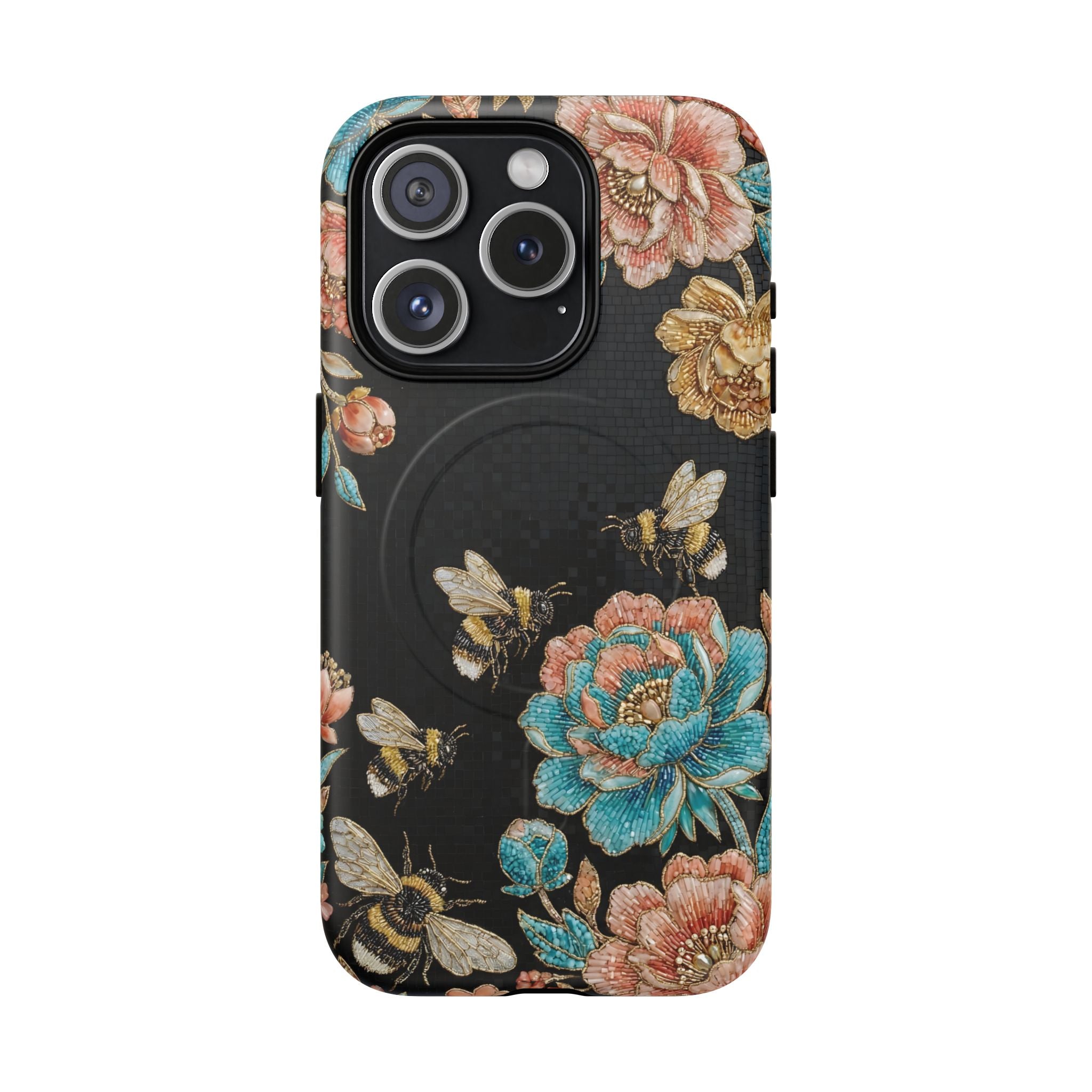 Floral Bees Tough MagSafe iPhone Case | Vintage Rose & Bumblebee Protective Cover