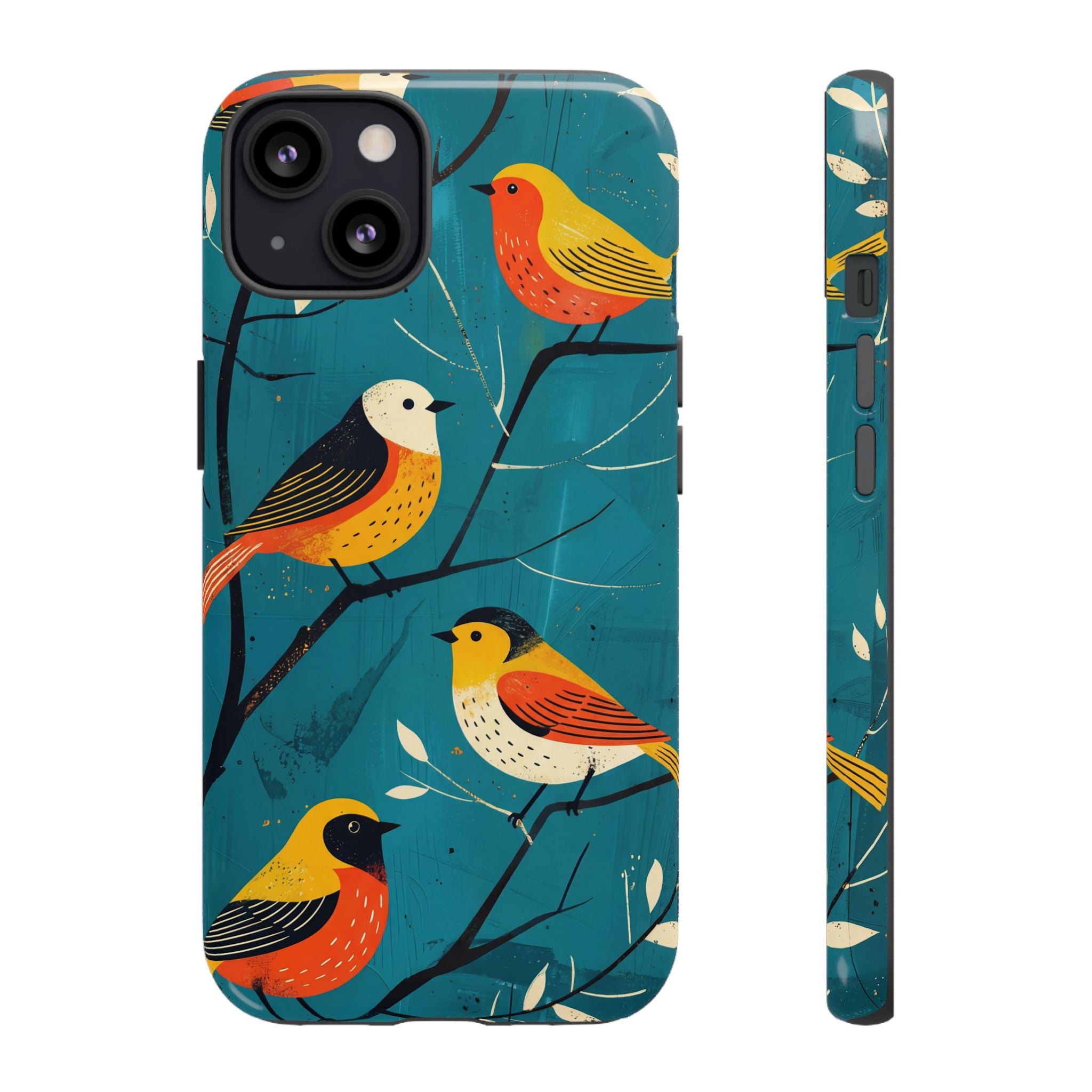 Bird Pattern Tough iPhone Case | Colourful Songbirds on Teal Background