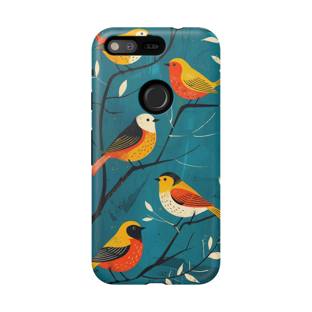 Bird Pattern Tough Google Pixel Phone Case | Colourful Songbirds on Teal Background