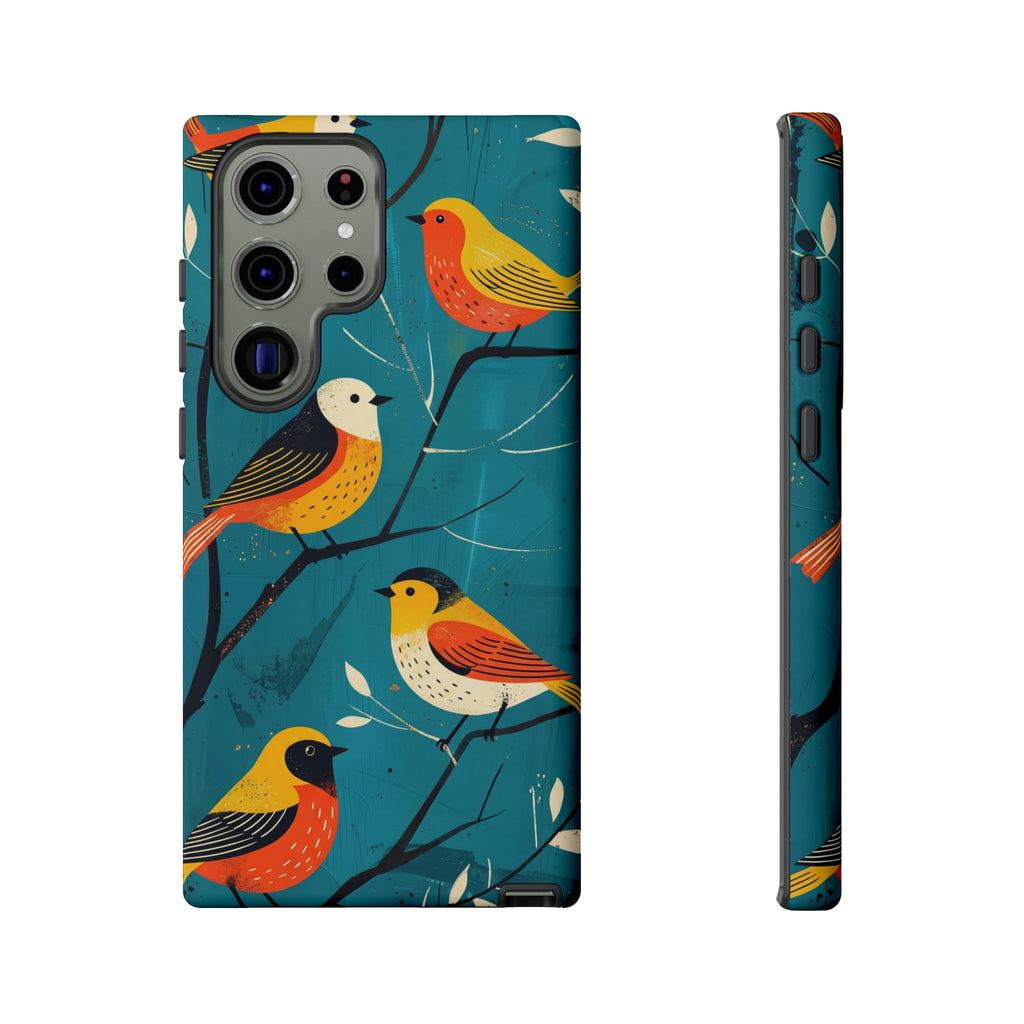 Bird Pattern Tough Samsung Galaxy Phone Case | Colourful Songbirds on Teal Background