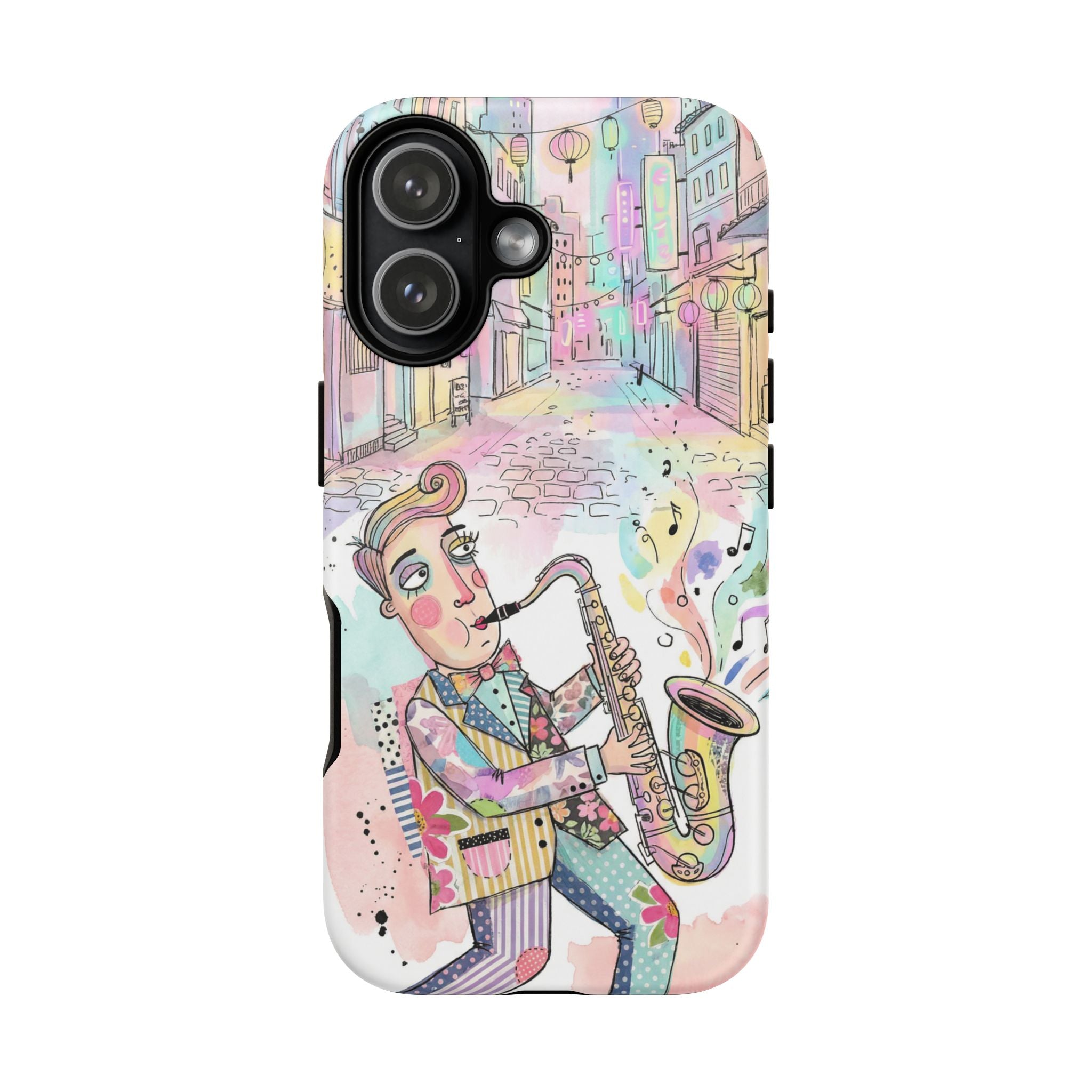 Sax Player Art iPhone Case | Pastel Jazz Street Illustration