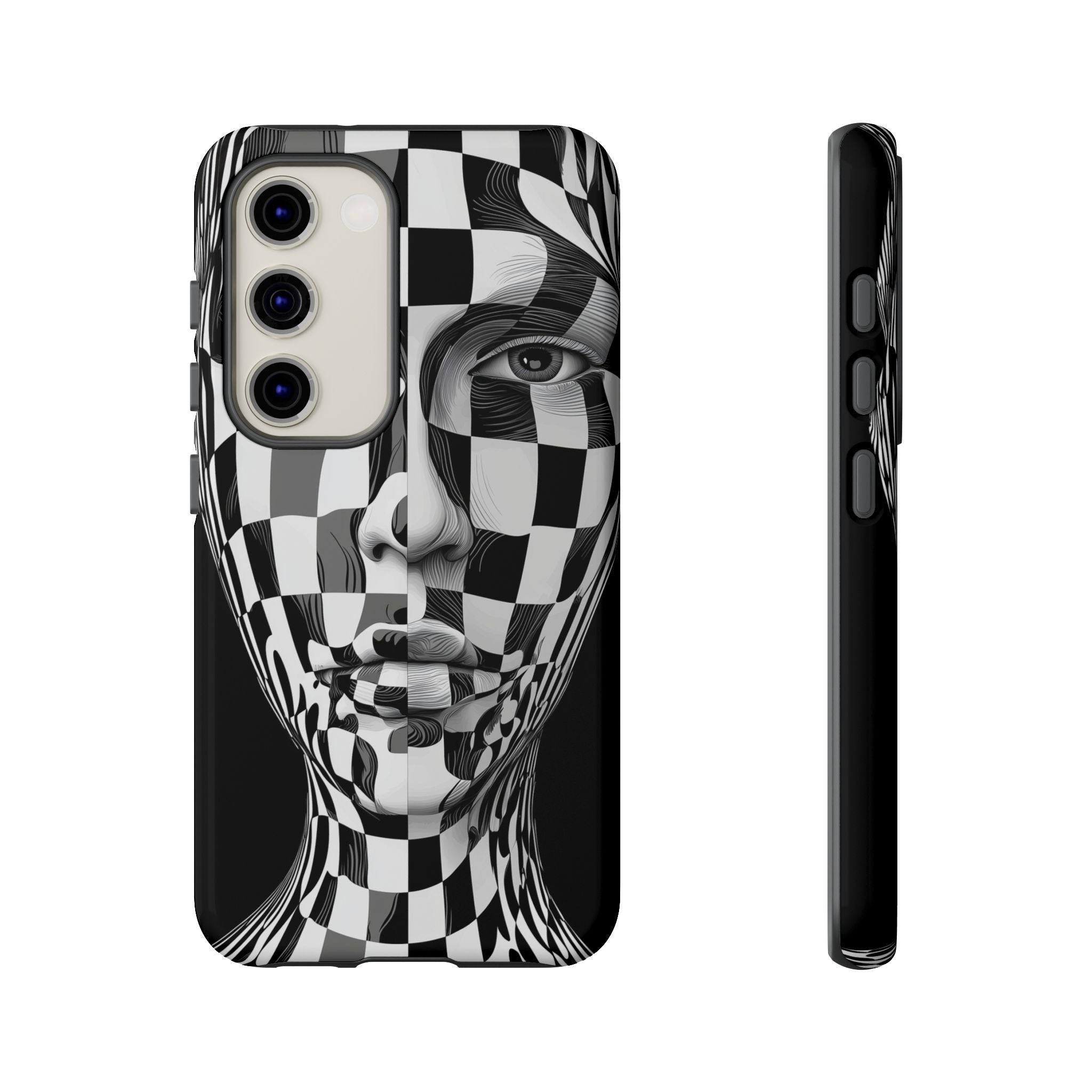 Checkerboard Face Tough Samsung Galaxy Case — Black & White Surreal Art Protective Cover