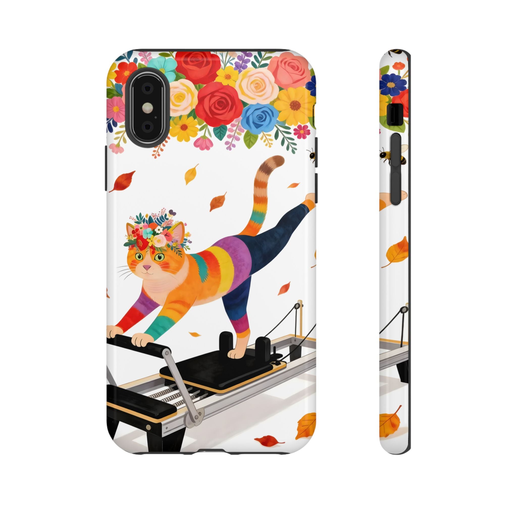 Cat Pilates iPhone Case | Floral Rainbow Cat on Reformer
