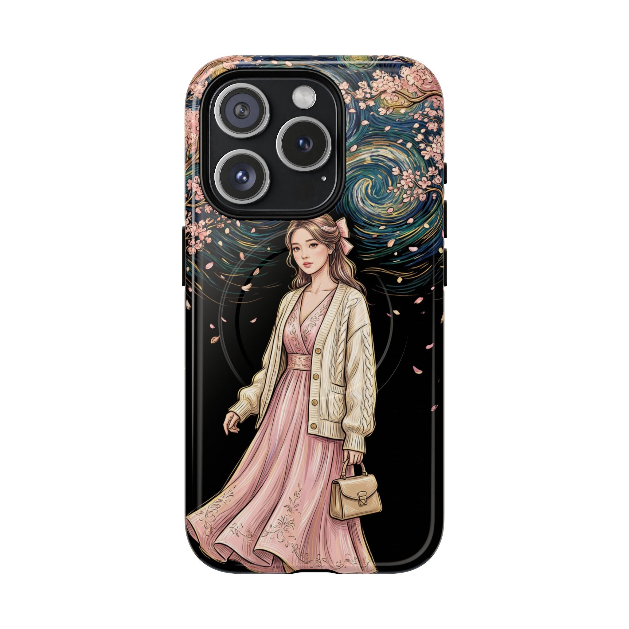Floral Starry Night MagSafe iPhone Case | Elegant Girl in Pink Dress