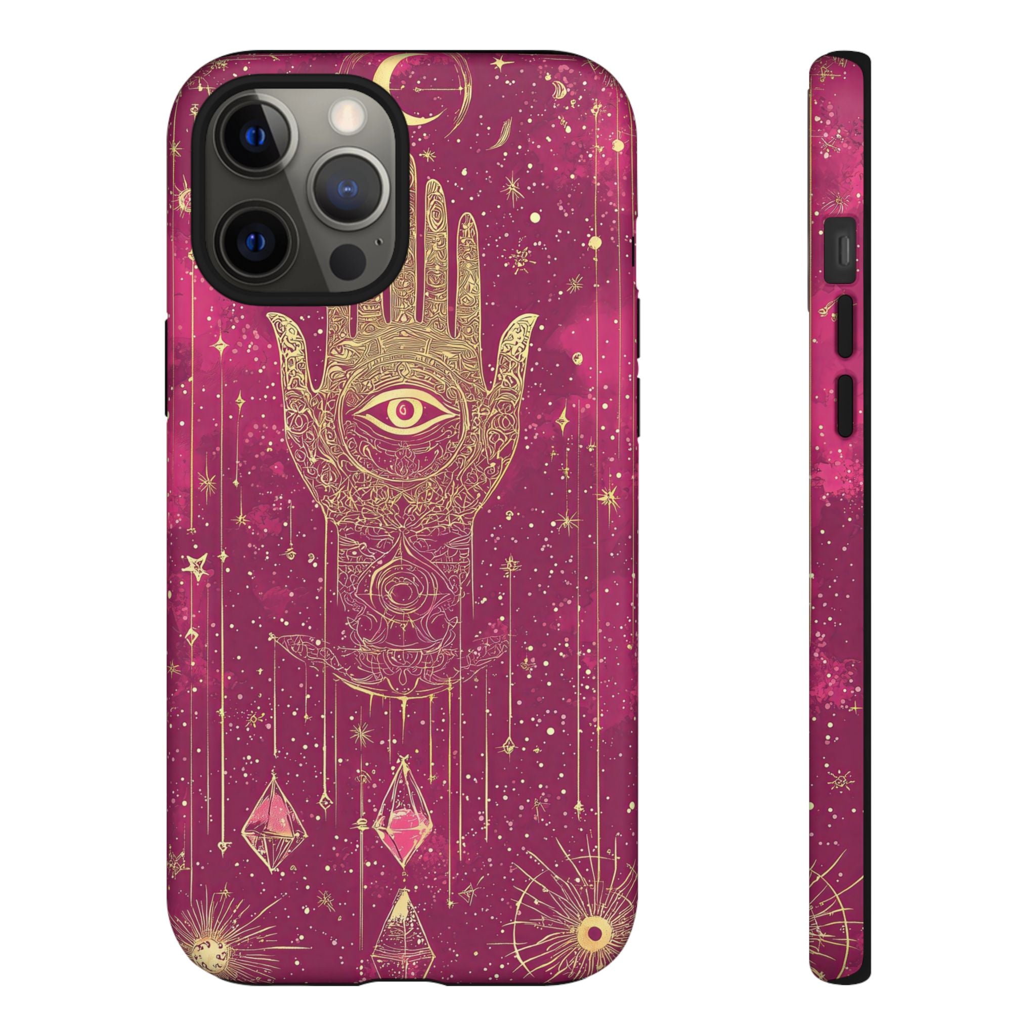 Mystic Hamsa iPhone Case | Gold Palm & All-Seeing Eye on Magenta Galaxy