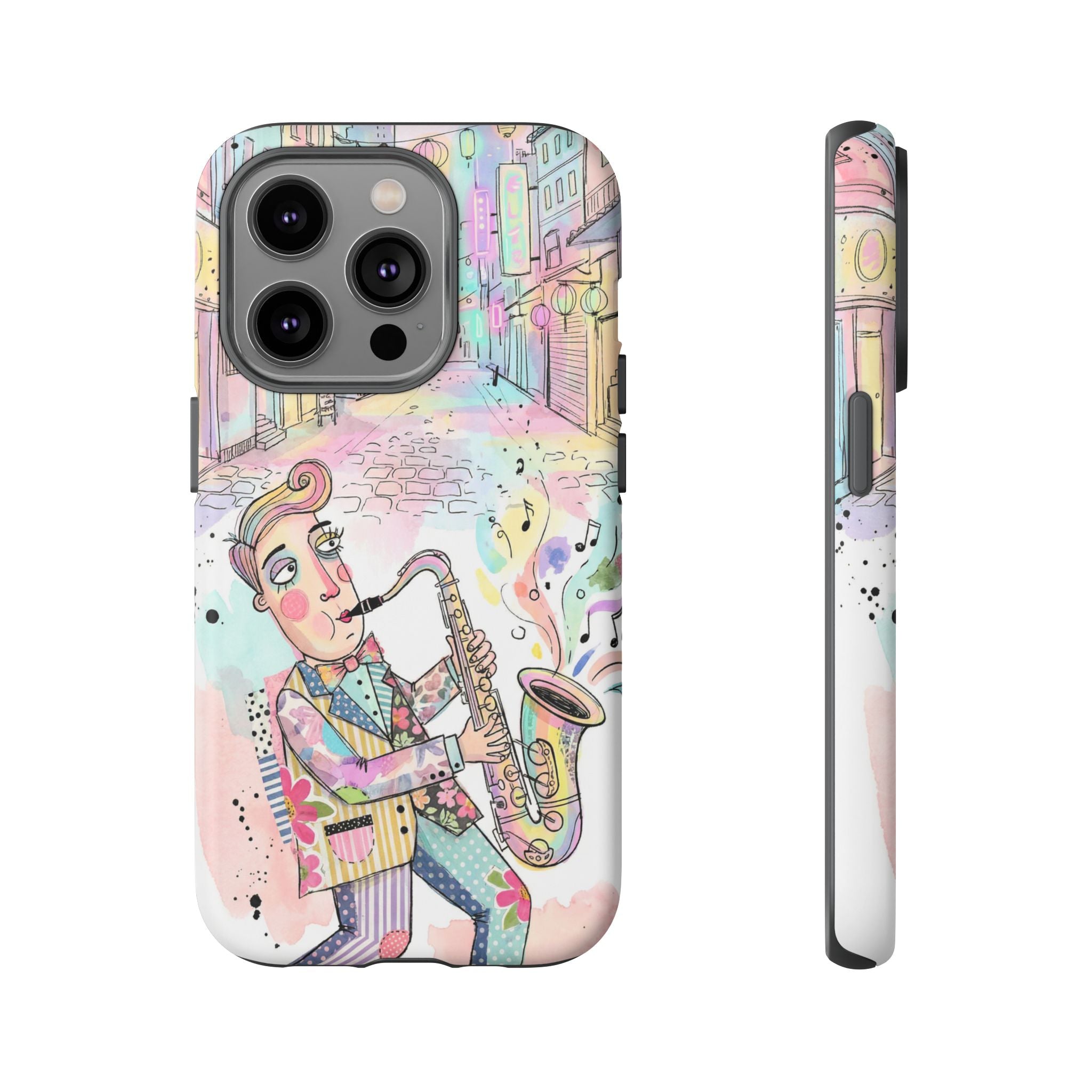 Sax Player Art iPhone Case | Pastel Jazz Street Illustration