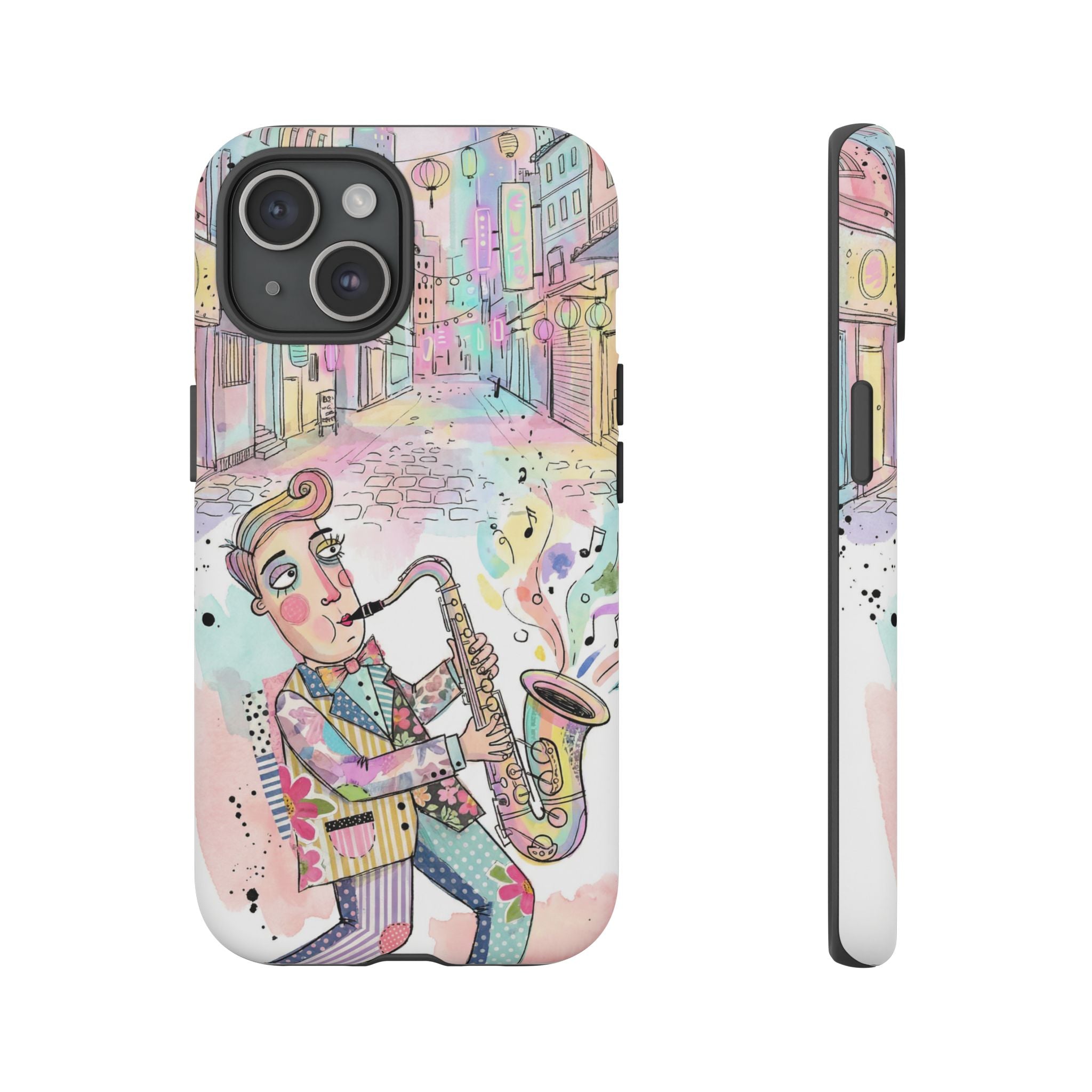 Sax Player Art iPhone Case | Pastel Jazz Street Illustration