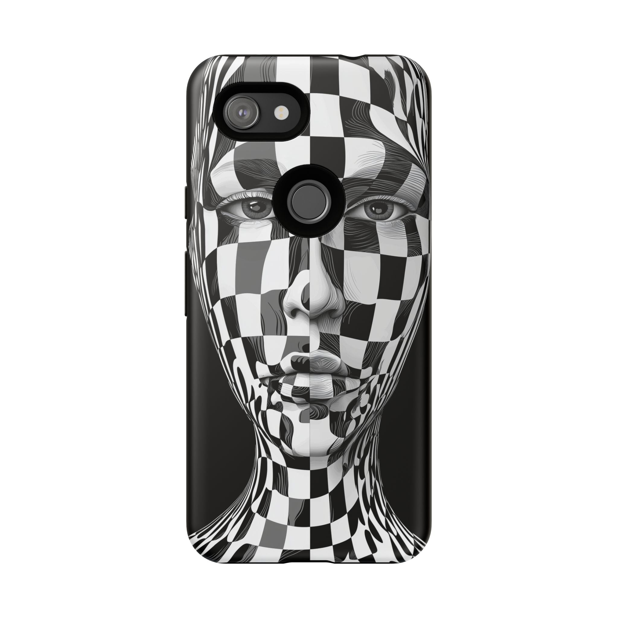 Checkerboard Face Tough Google Pixel Case — Black & White Surreal Art Protective Cover