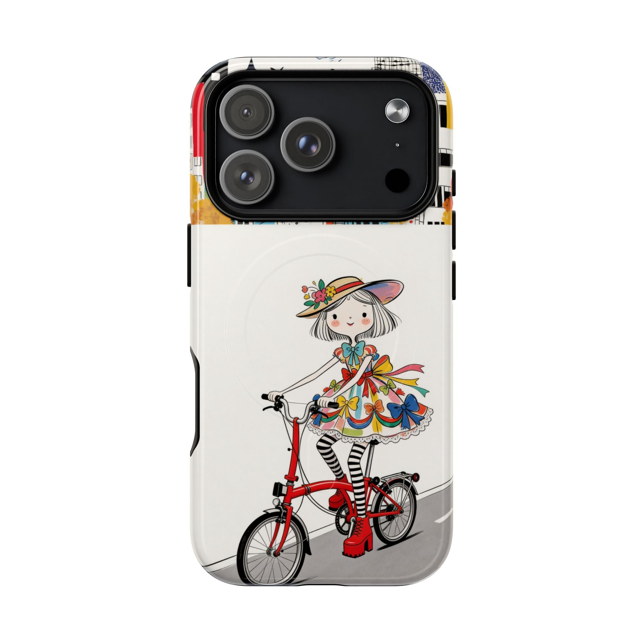 Whimsical Girl on Brompton Bicycle Urban Illustration MagSafe iPhone Case