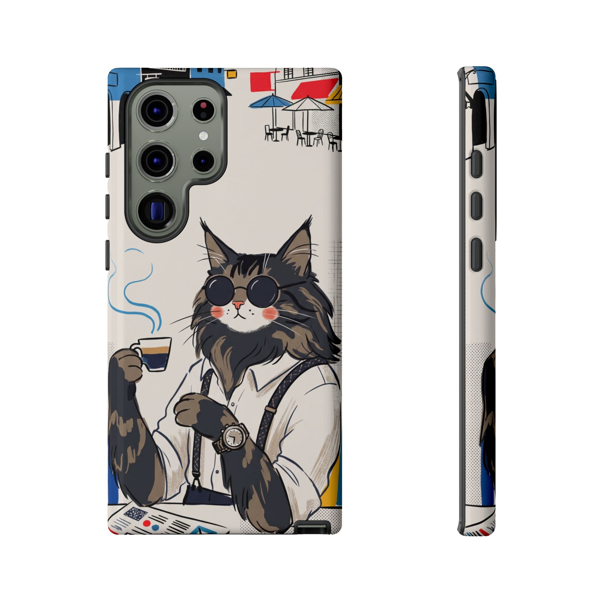 Cat Barista Samsung Galaxy Phone Case | Cool Cat in Sunglasses Coffee Shop Design