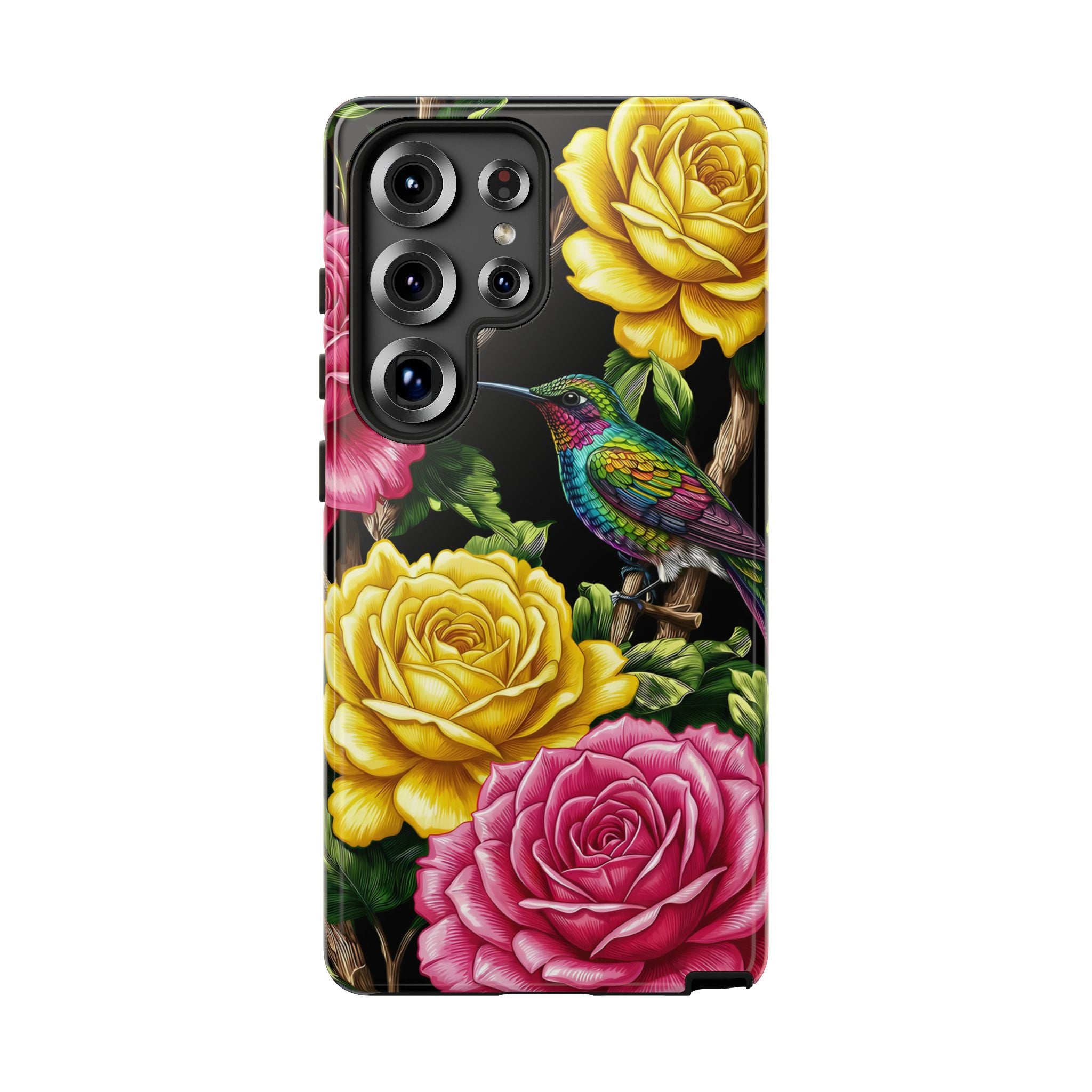 Floral Hummingbird Tough Samsung Galaxy Phone Case | Vibrant Rose & Yellow Garden Protection