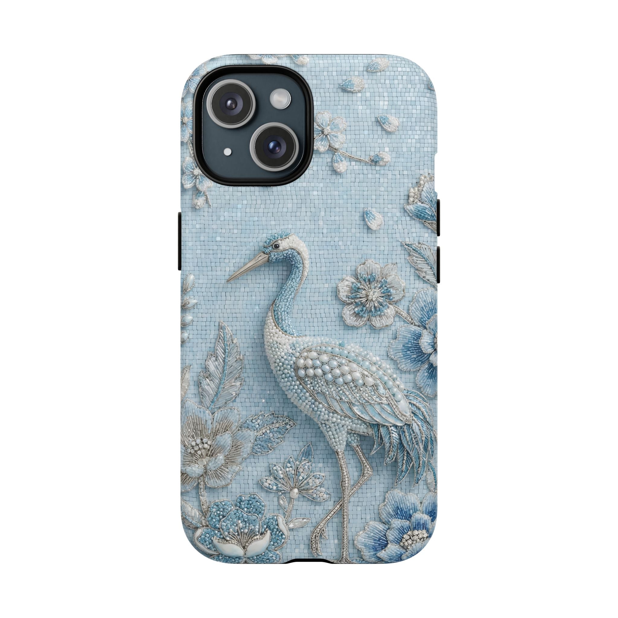 Blue Crane Floral MagSafe iPhone Case | Vintage Embossed Bird Design