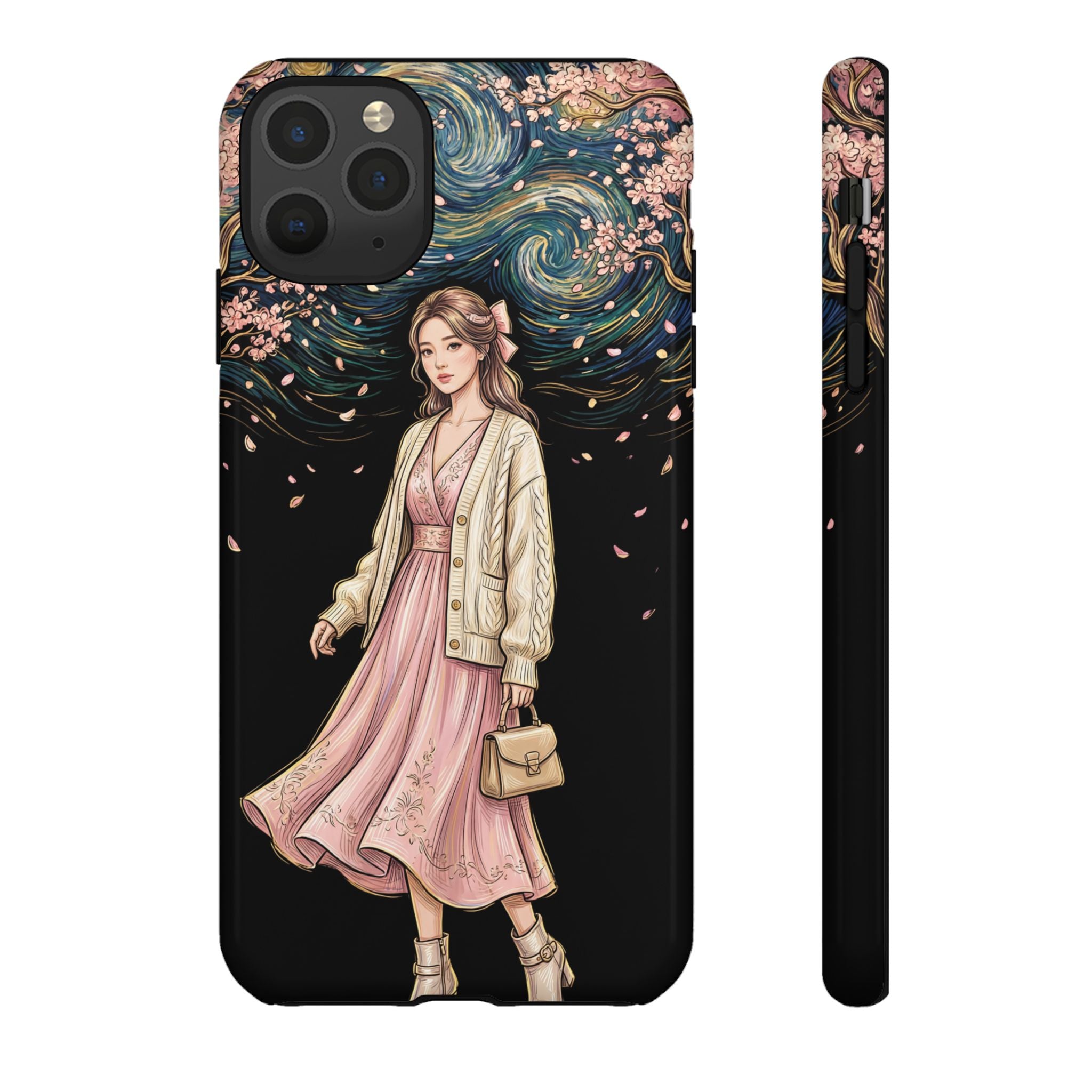 Floral Starry Night iPhone Case | Elegant Girl in Pink Dress