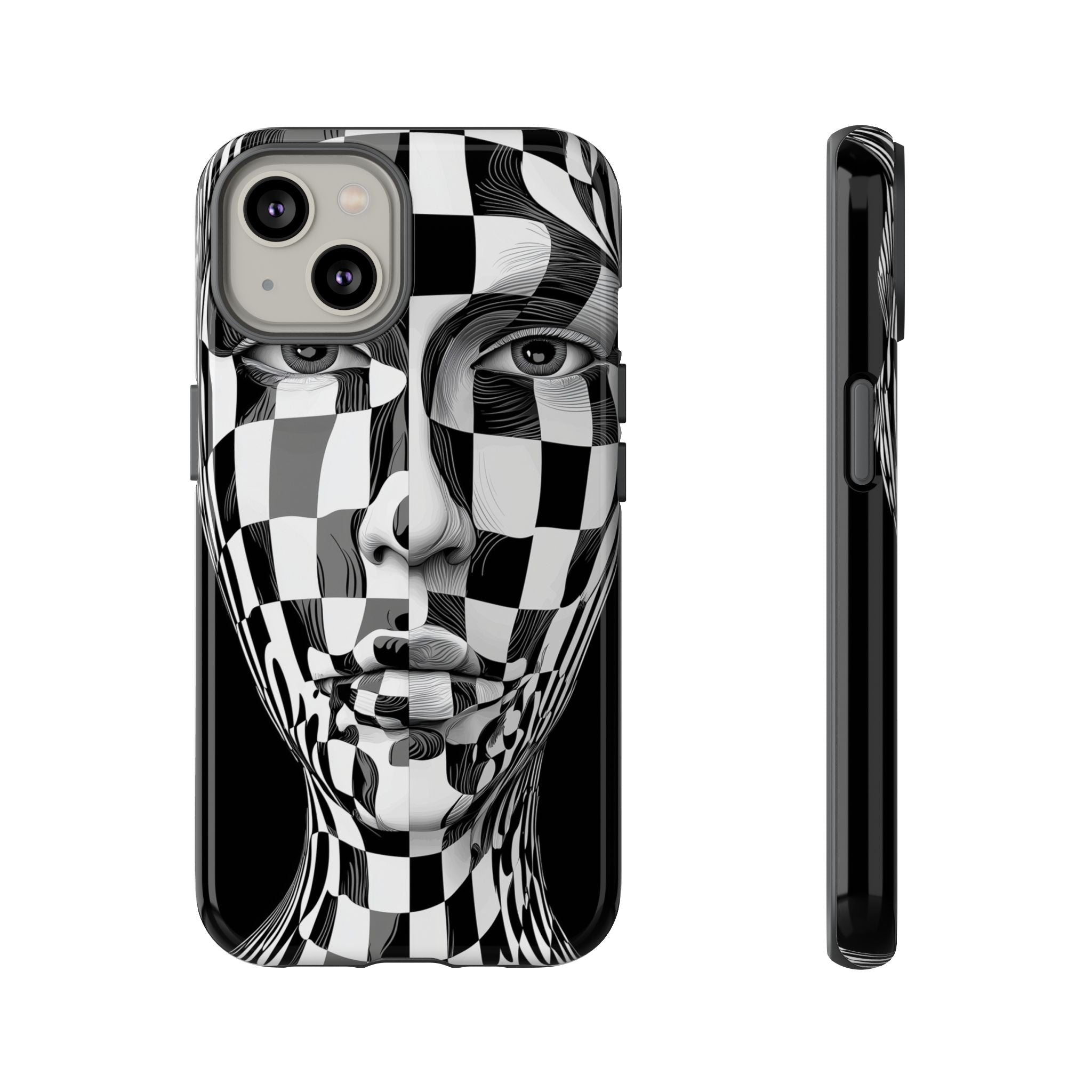 Checkerboard Face Tough iPhone Case — Black & White Surreal Art Protective Cover