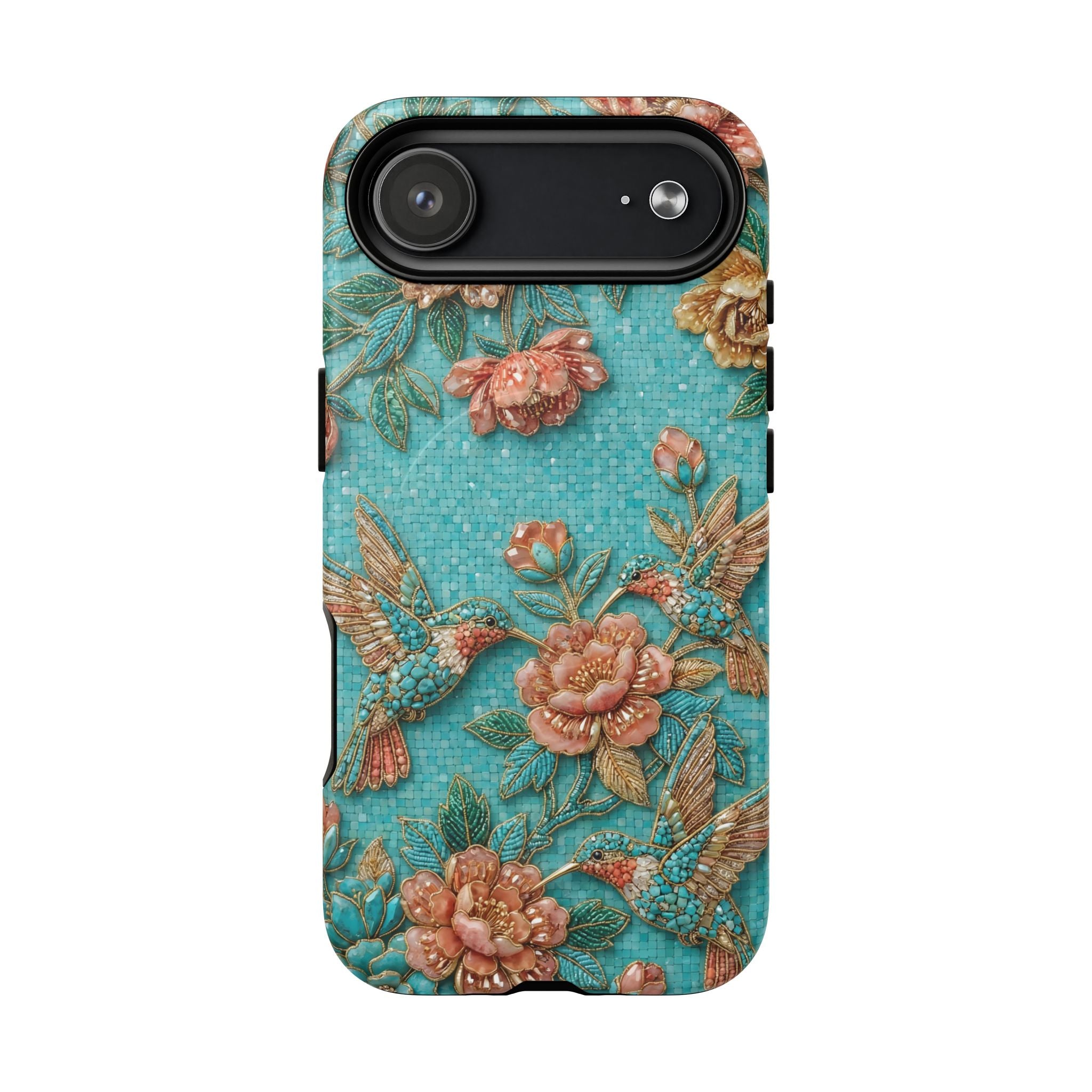 Floral Hummingbird Tough MagSafe iPhone Case | Turquoise Embroidered Garden Design
