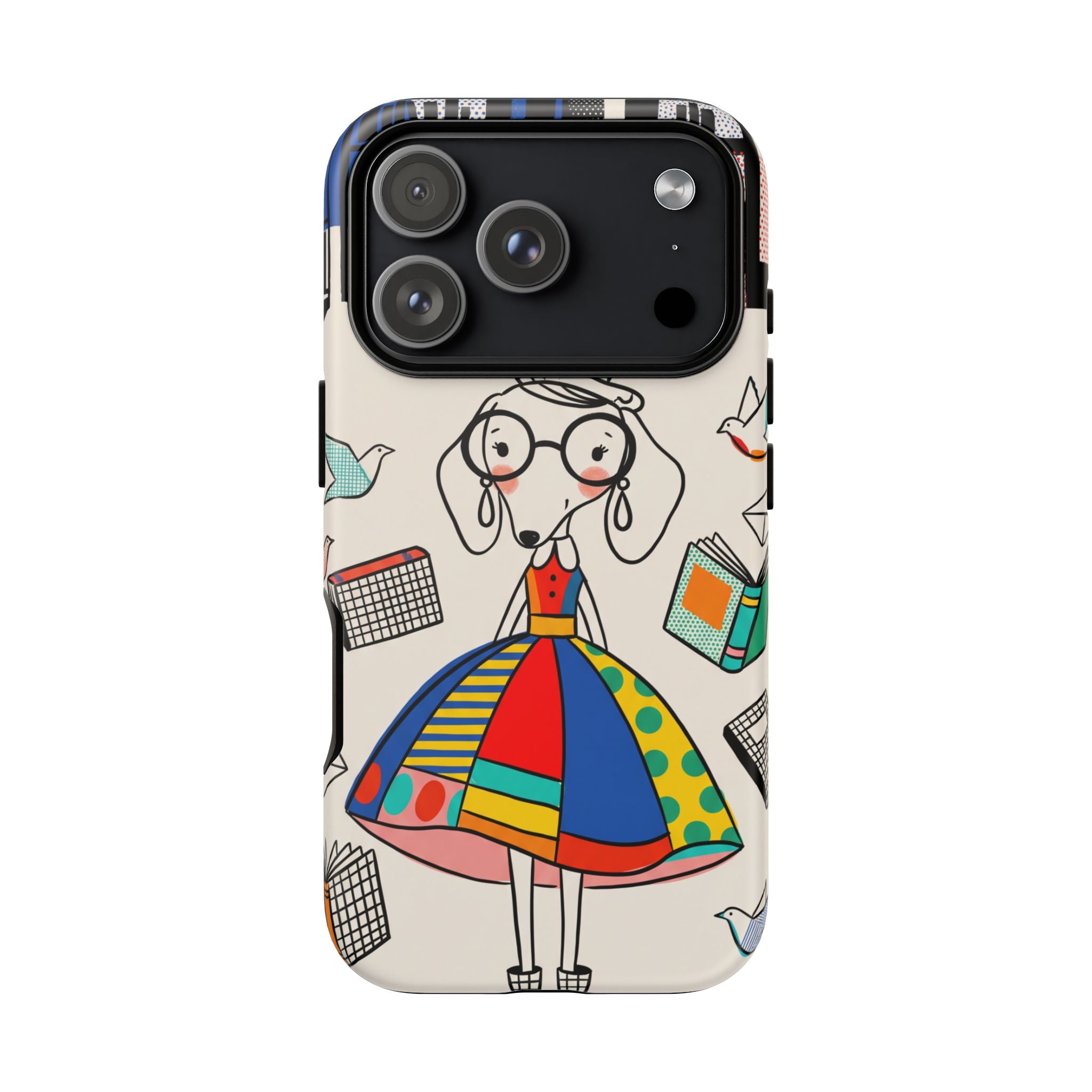 Cute Dachshund Dog Illustration iPhone Case | Colorful Whimsical Book & Bird Design