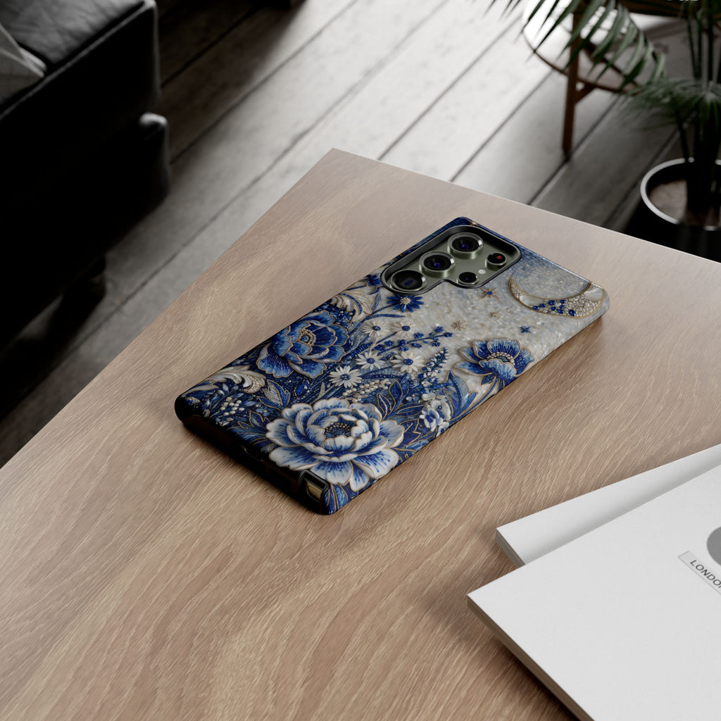 Blue Floral Moon Samsung Galaxy Phone Case | Vintage Botanical Night Sky Protective Case